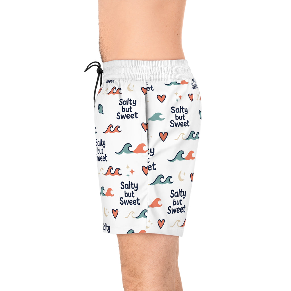 Salty But Sweet Swim Shorts — Men's Beach Trunks with Wave & Heart Print