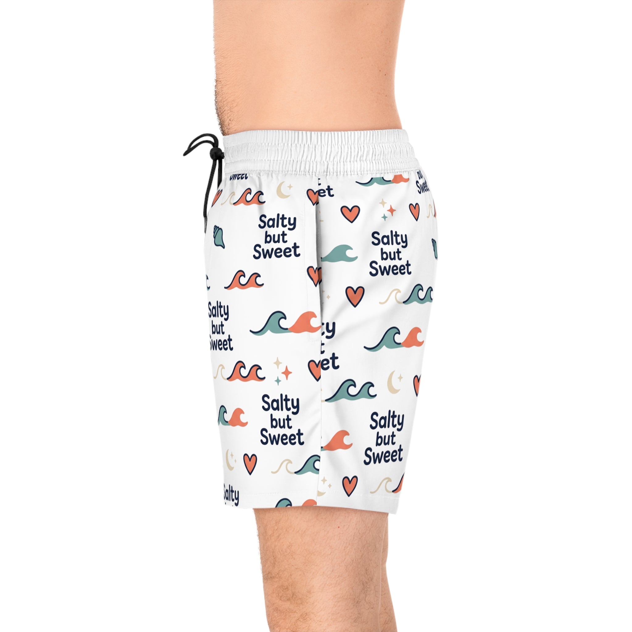 Salty But Sweet Swim Shorts — Men's Beach Trunks with Wave & Heart Print