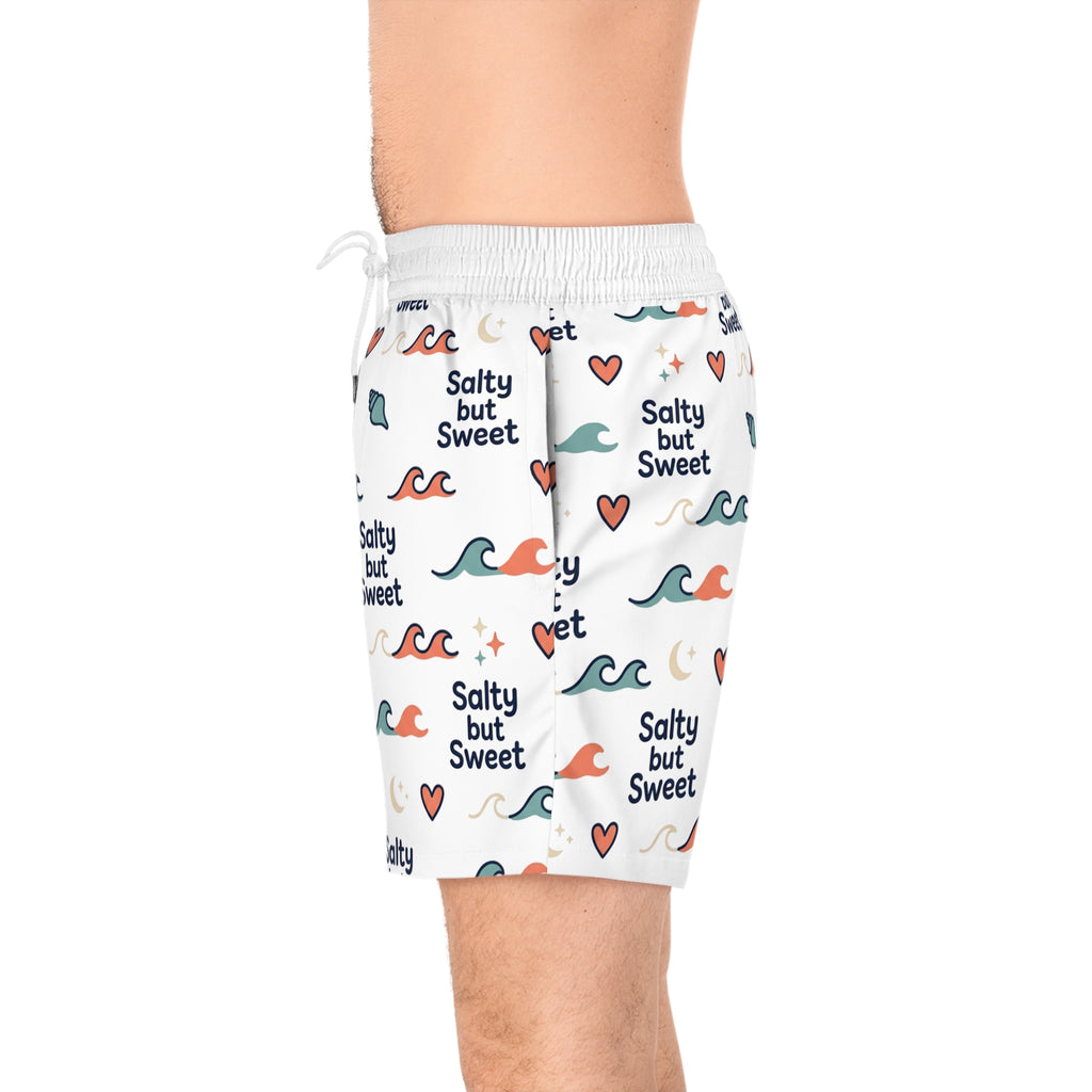 Salty But Sweet Swim Shorts — Men's Beach Trunks with Wave & Heart Print
