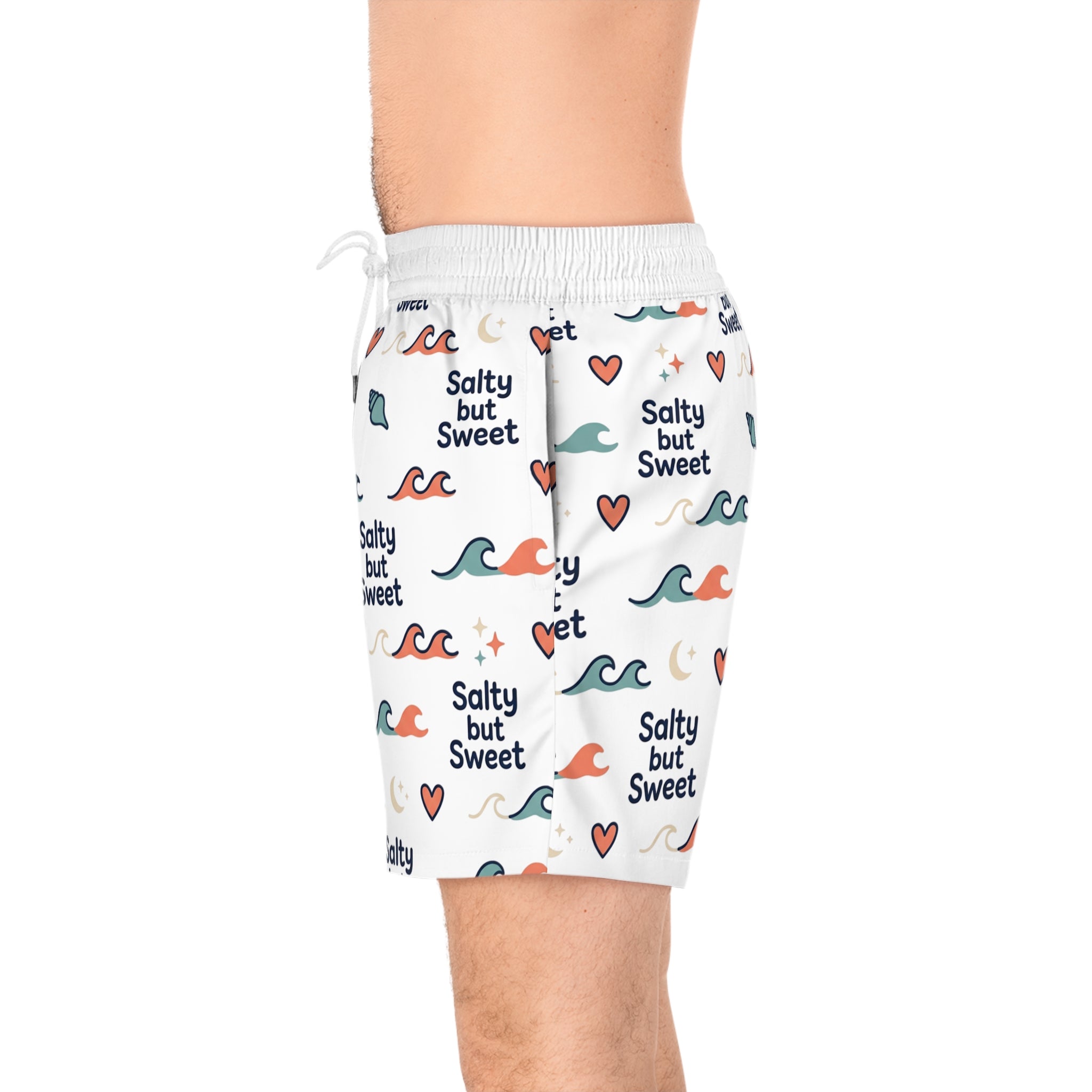 Salty But Sweet Swim Shorts — Men's Beach Trunks with Wave & Heart Print