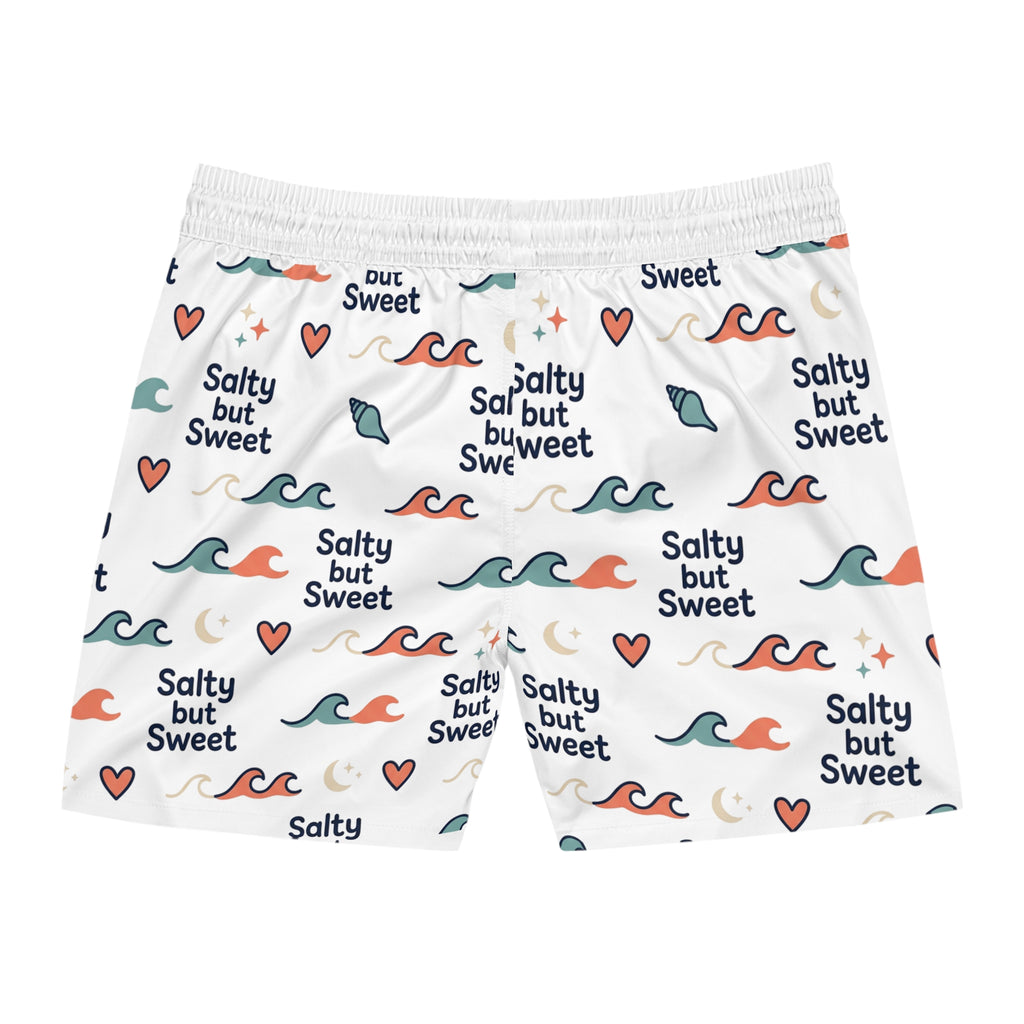 Salty But Sweet Swim Shorts — Men's Beach Trunks with Wave & Heart Print