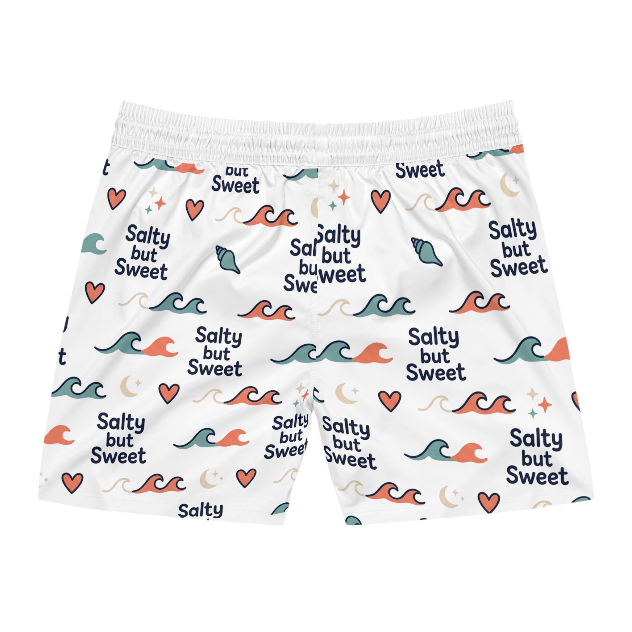 Salty But Sweet Swim Shorts — Men's Beach Trunks with Wave & Heart Print