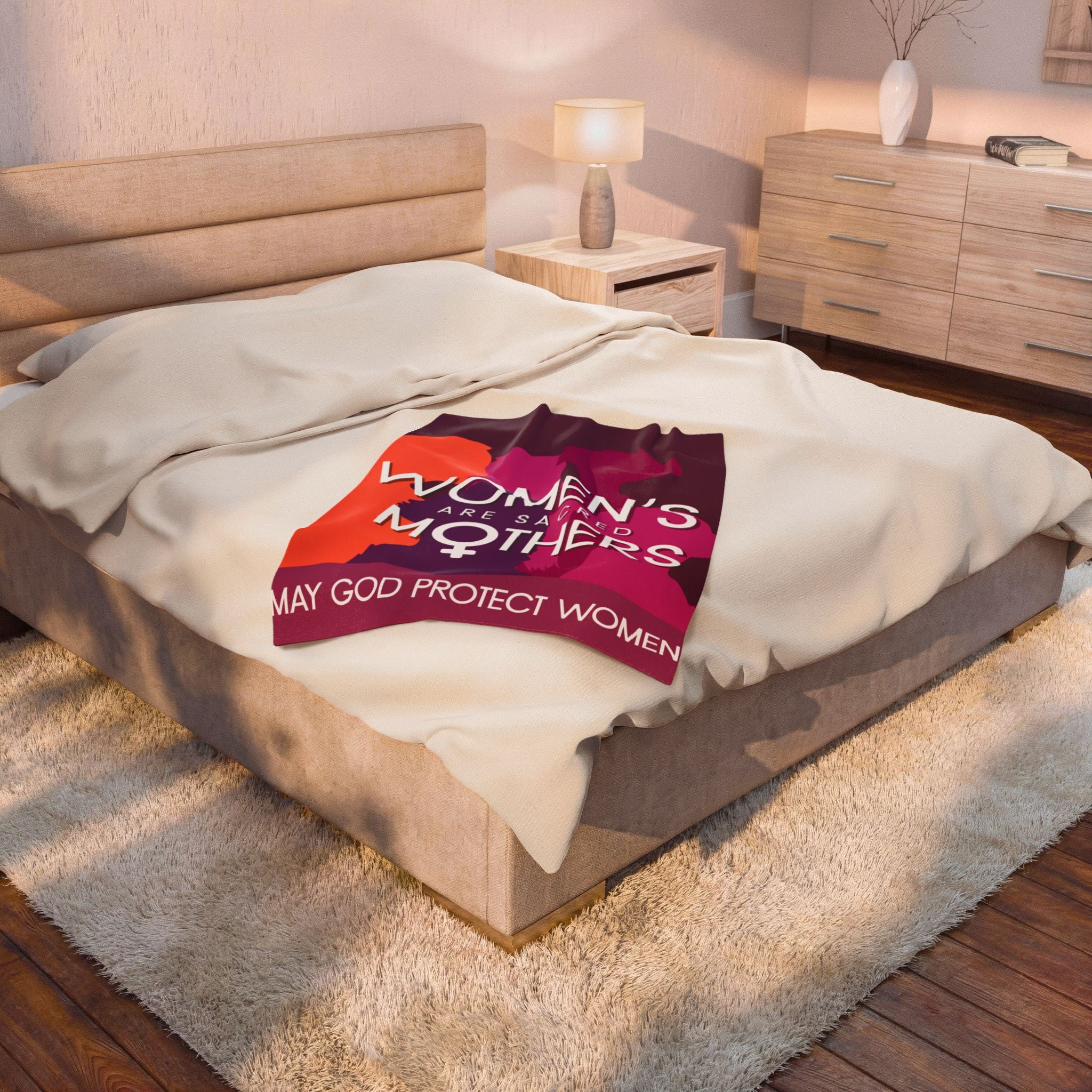 Velveteen Plush Blanket — "Women’s Are Sacred Mothers" Inspirational Feminine Throw (May God Protect Women)