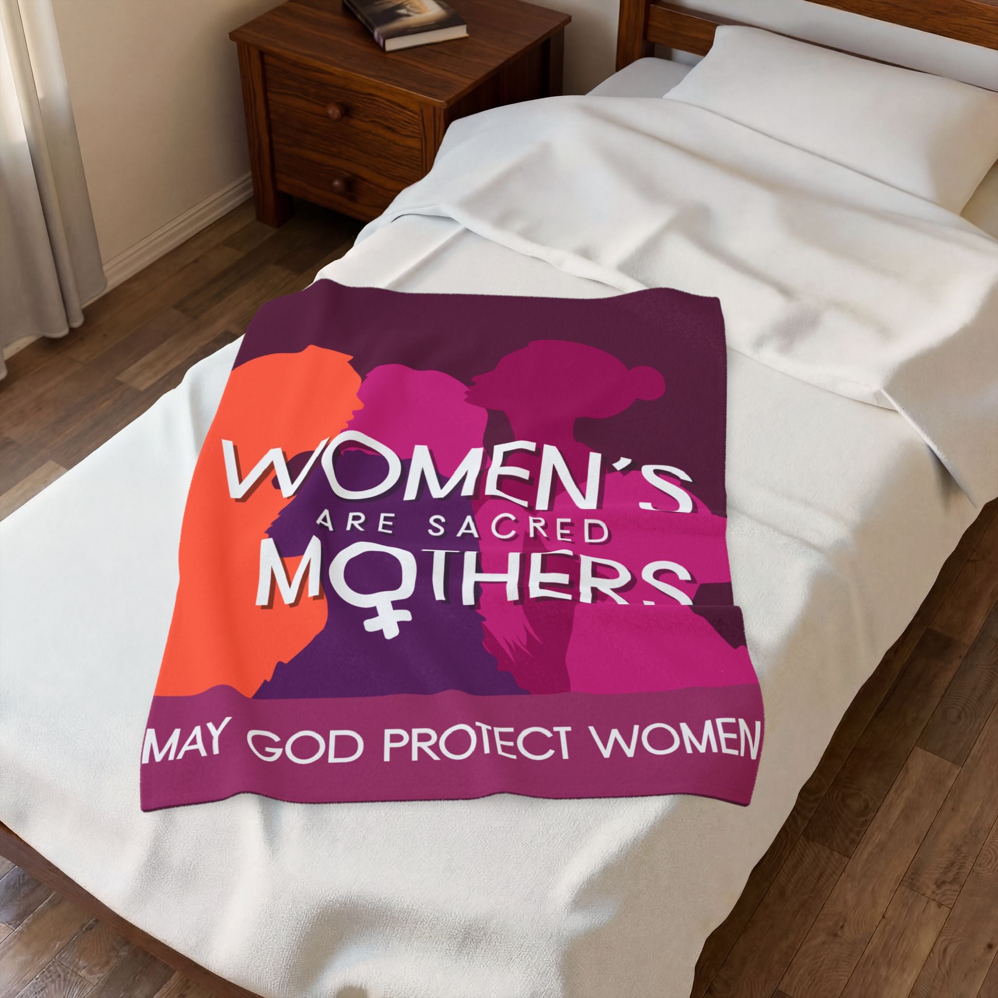 Velveteen Plush Blanket — "Women’s Are Sacred Mothers" Inspirational Feminine Throw (May God Protect Women)