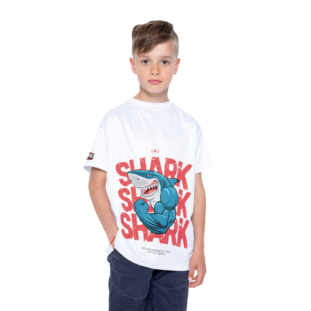 Kids Shark Sports Jersey — Muscular Shark Graphic Athletic Tee