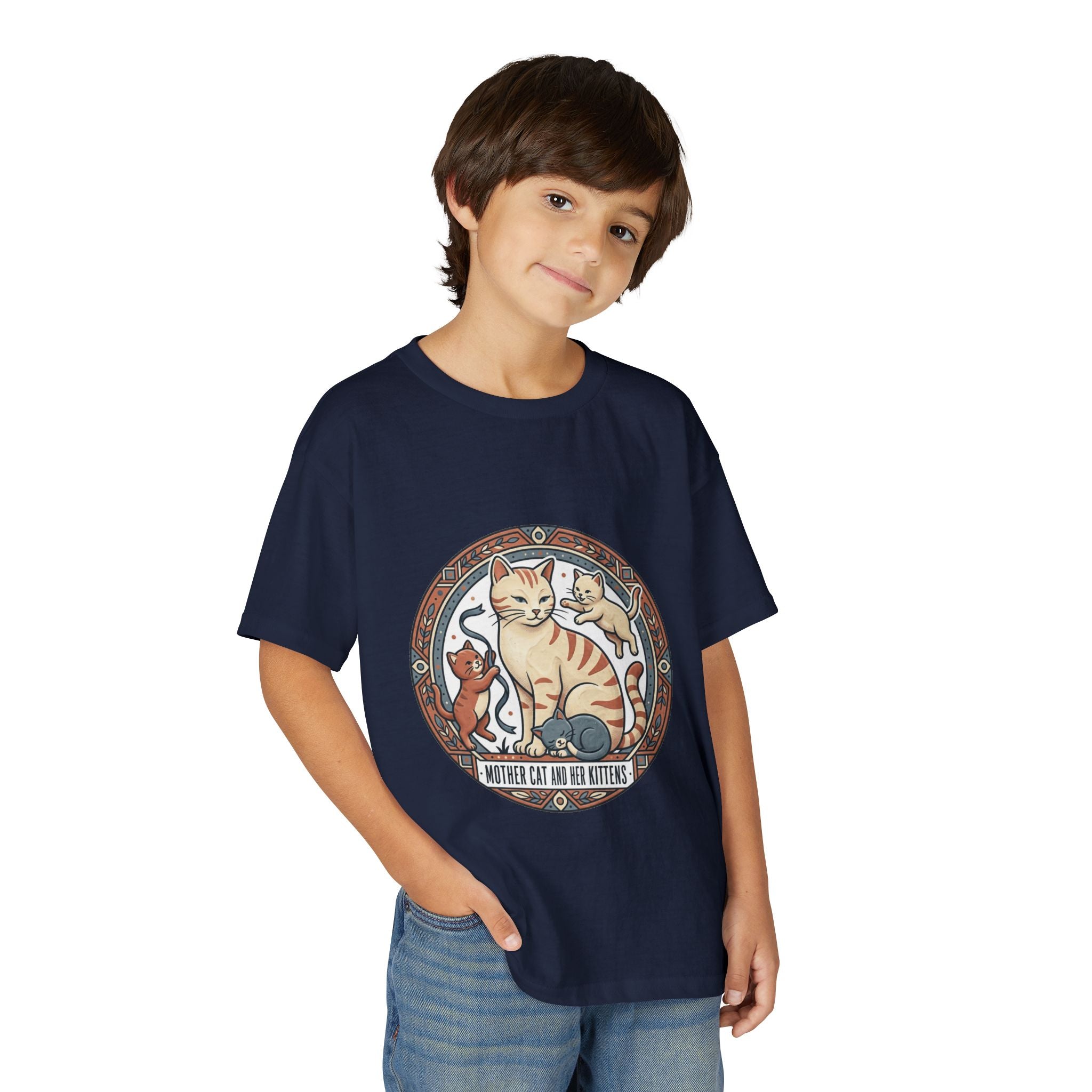 Kids' Cat Mom & Kittens Youth T-Shirt — Cute Mother Cat Illustration