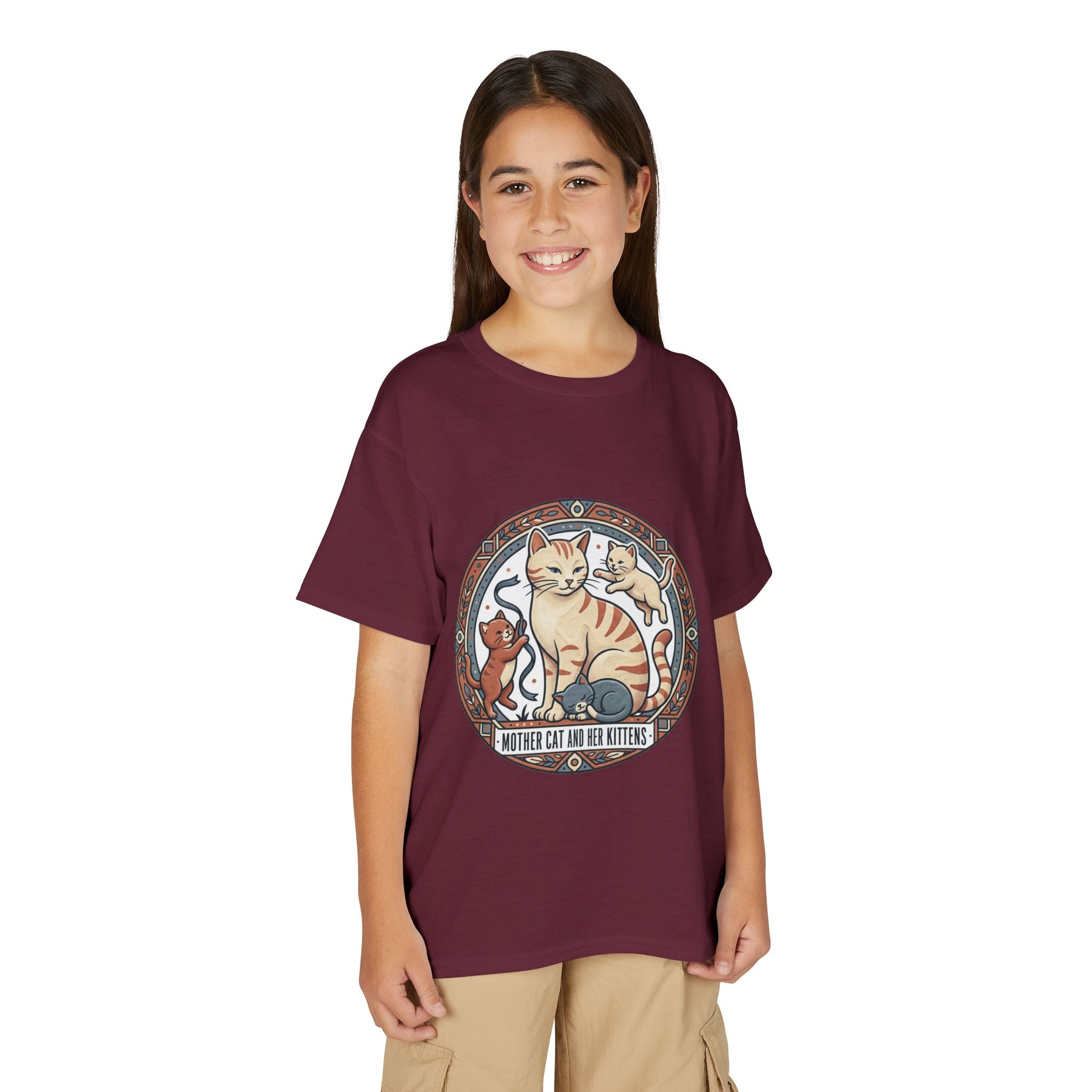 Kids' Cat Mom & Kittens Youth T-Shirt — Cute Mother Cat Illustration