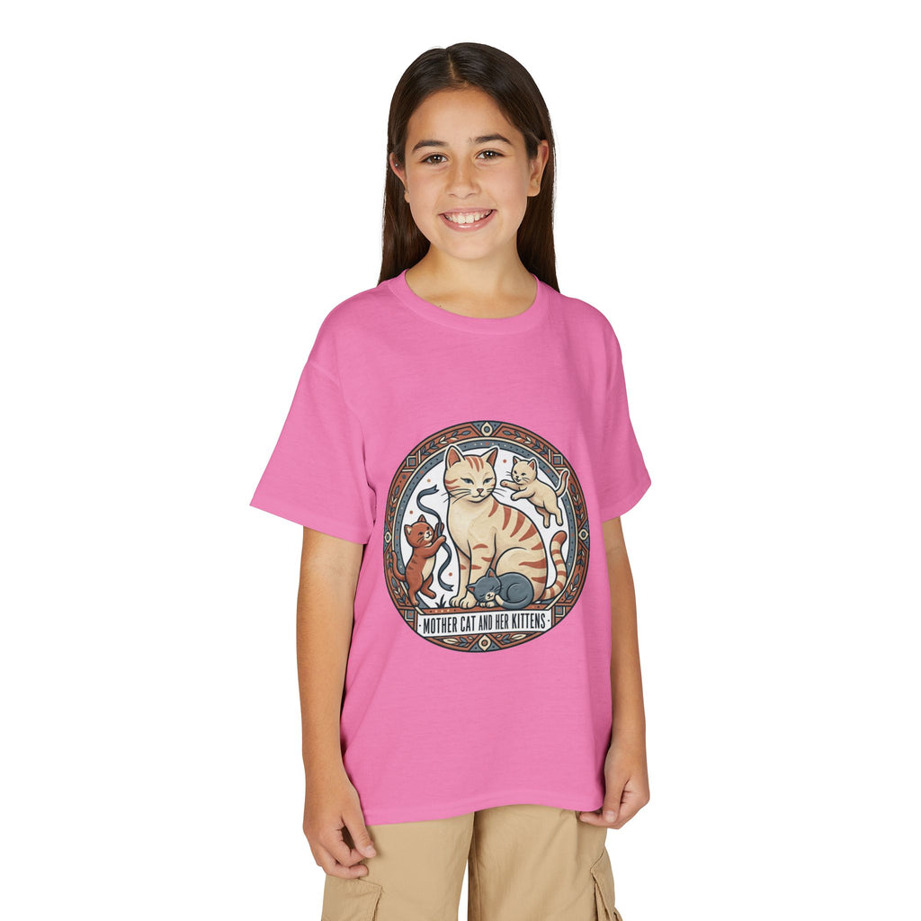 Kids' Cat Mom & Kittens Youth T-Shirt — Cute Mother Cat Illustration