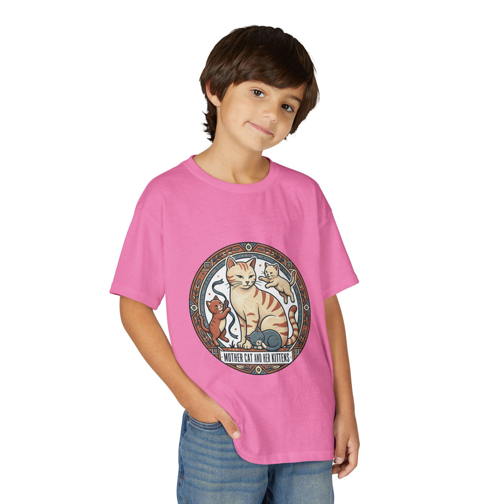 Kids' Cat Mom & Kittens Youth T-Shirt — Cute Mother Cat Illustration