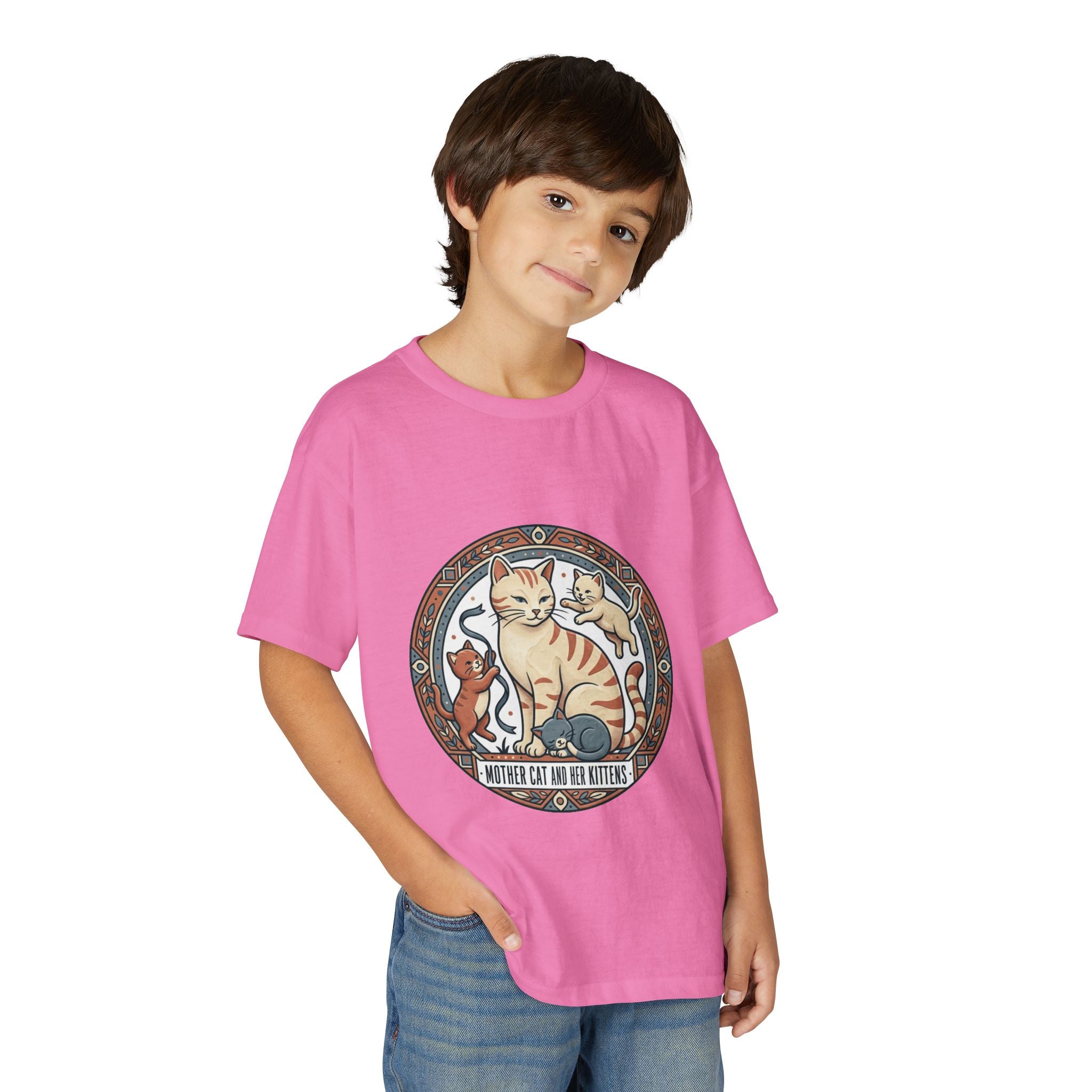 Kids' Cat Mom & Kittens Youth T-Shirt — Cute Mother Cat Illustration