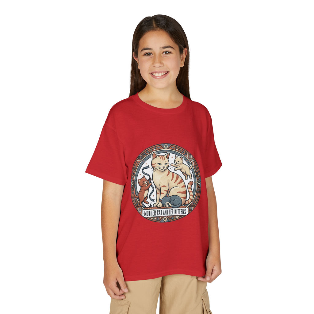 Kids' Cat Mom & Kittens Youth T-Shirt — Cute Mother Cat Illustration