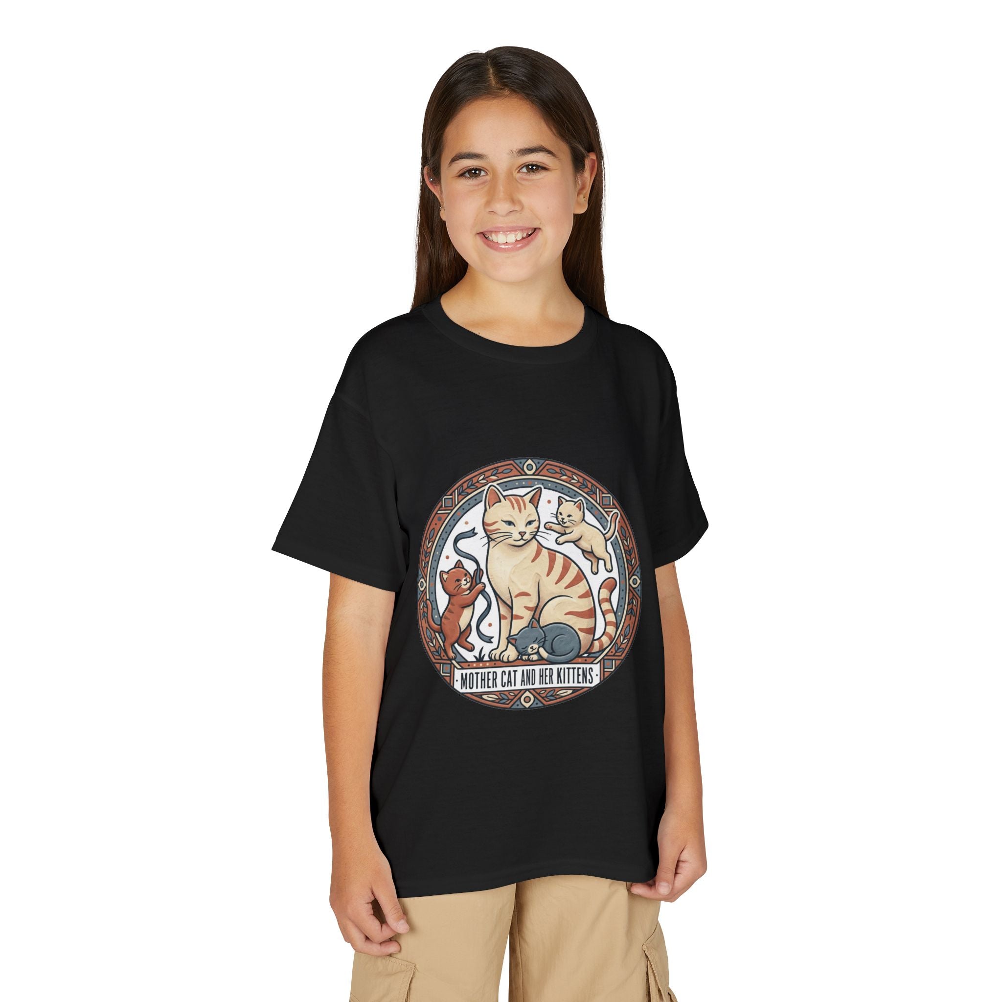 Kids' Cat Mom & Kittens Youth T-Shirt — Cute Mother Cat Illustration