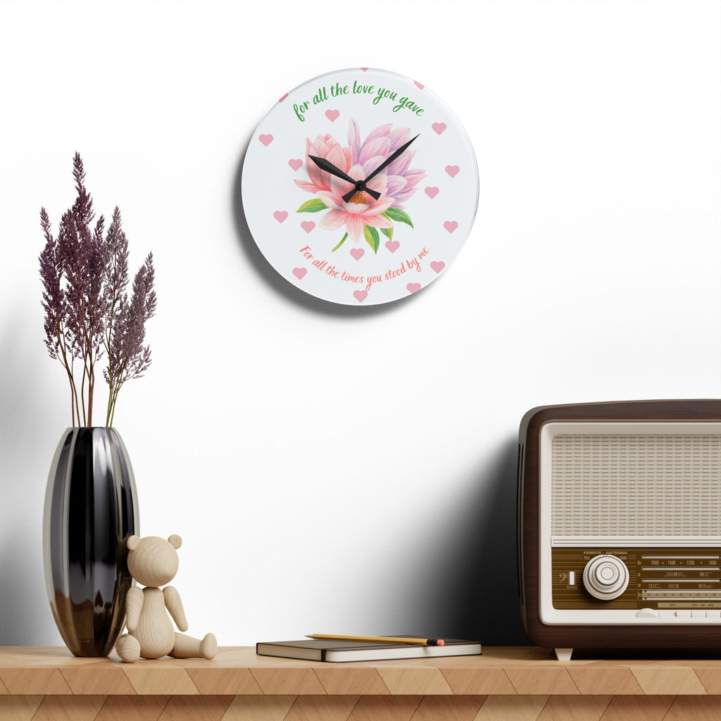 Acrylic Wall Clock — 'For All the Love You Gave' Floral Tribute Clock (Pink Magnolia, Heart Accent)