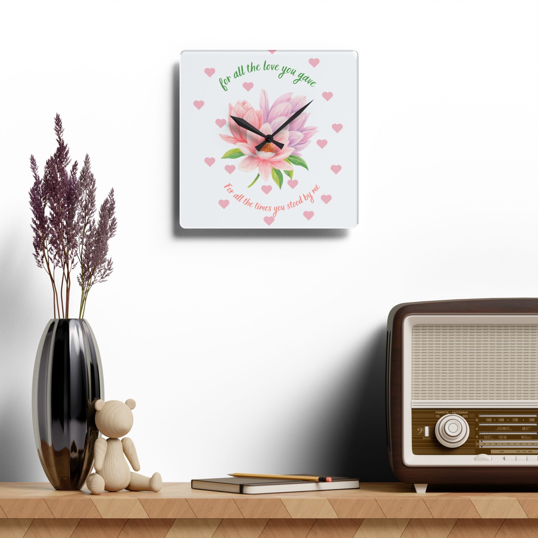 Acrylic Wall Clock — 'For All the Love You Gave' Floral Tribute Clock (Pink Magnolia, Heart Accent)