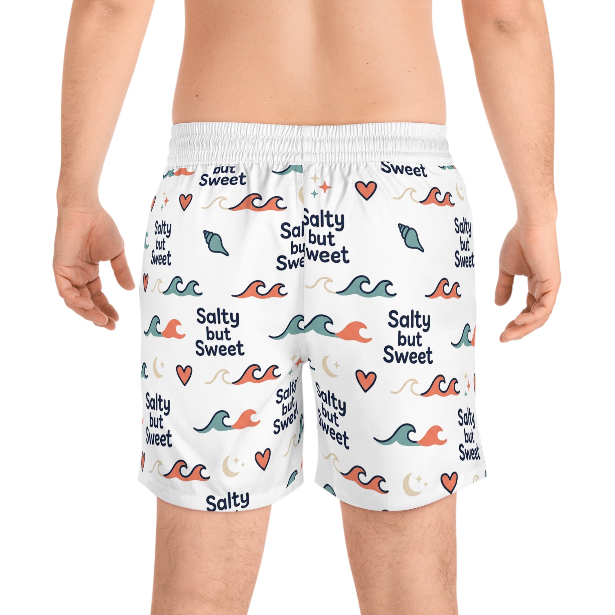 Salty But Sweet Swim Shorts — Men's Beach Trunks with Wave & Heart Print