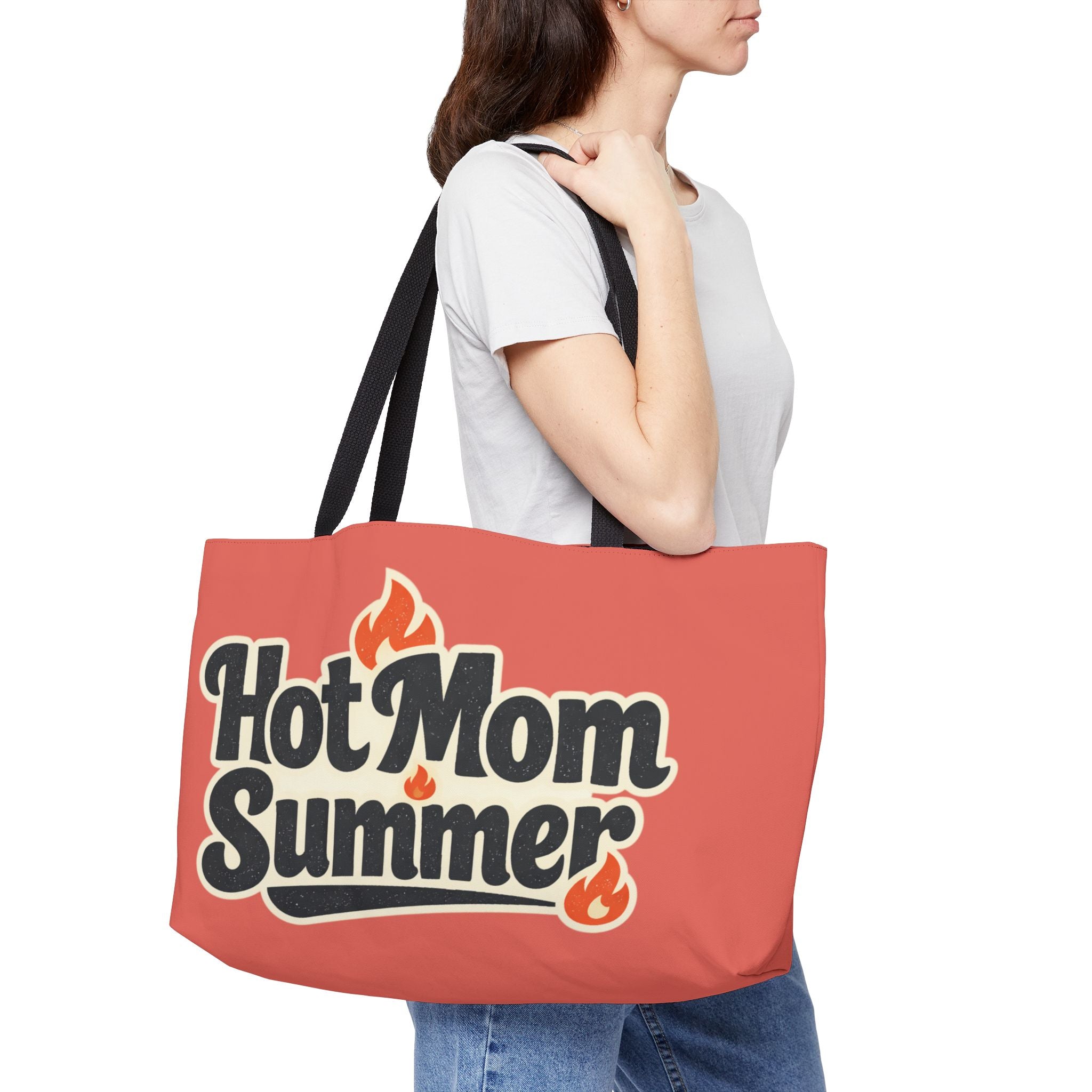 Weekender Tote Bag — "Hot Mom Summer" Retro Fire Graphic Beach Bag