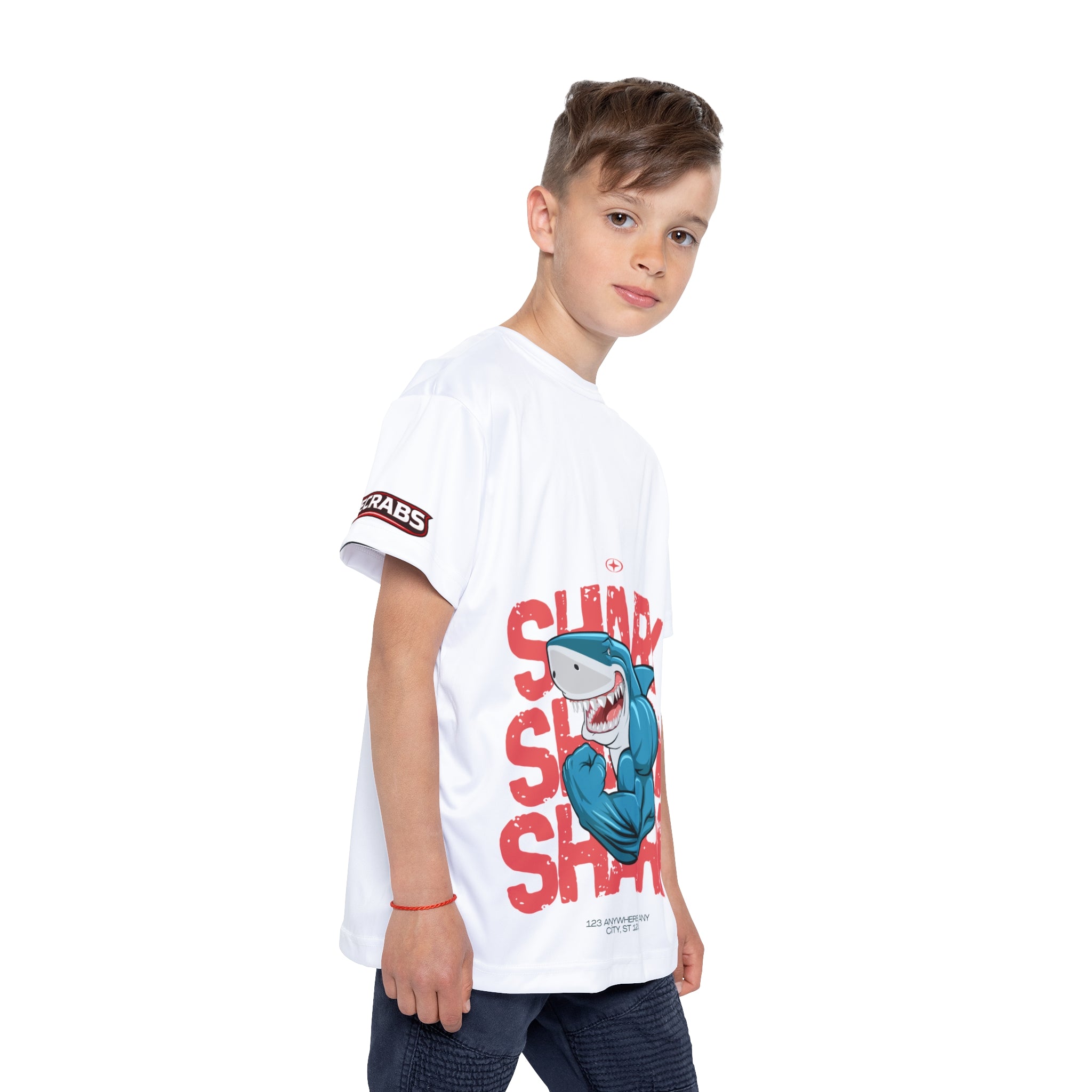 Kids Shark Sports Jersey — Muscular Shark Graphic Athletic Tee