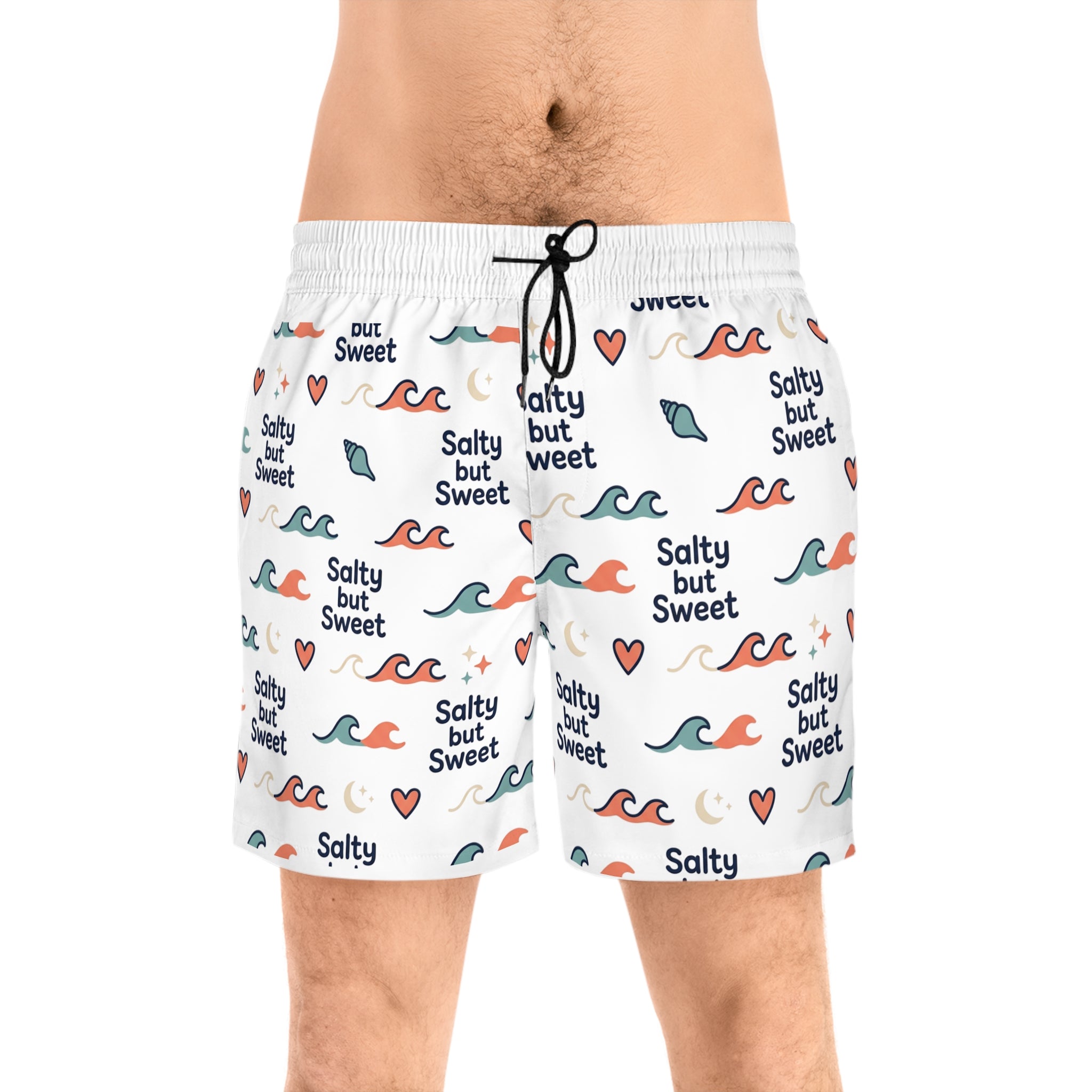 Salty But Sweet Swim Shorts — Men's Beach Trunks with Wave & Heart Print