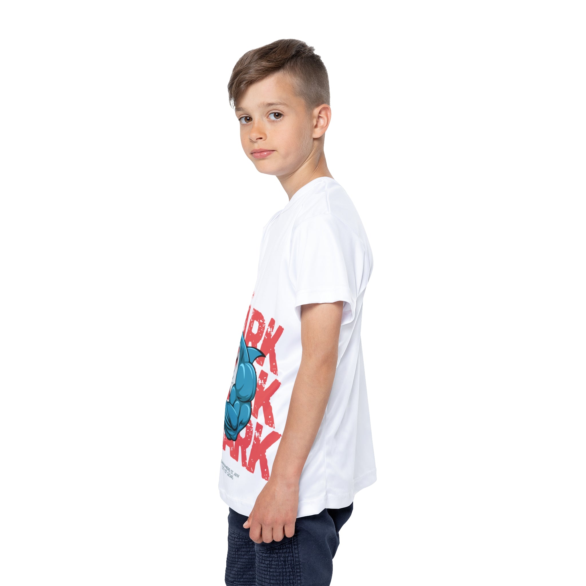 Kids Shark Sports Jersey — Muscular Shark Graphic Athletic Tee