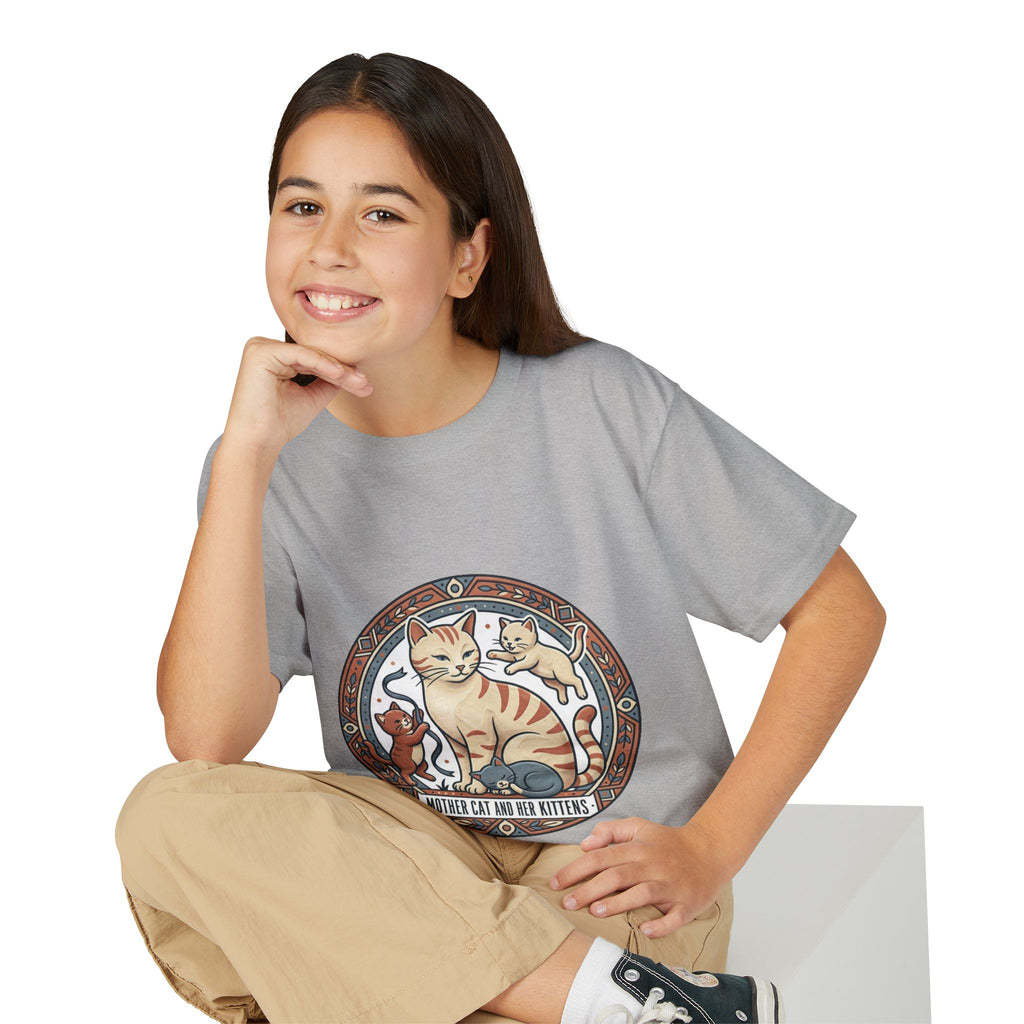 Kids' Cat Mom & Kittens Youth T-Shirt — Cute Mother Cat Illustration