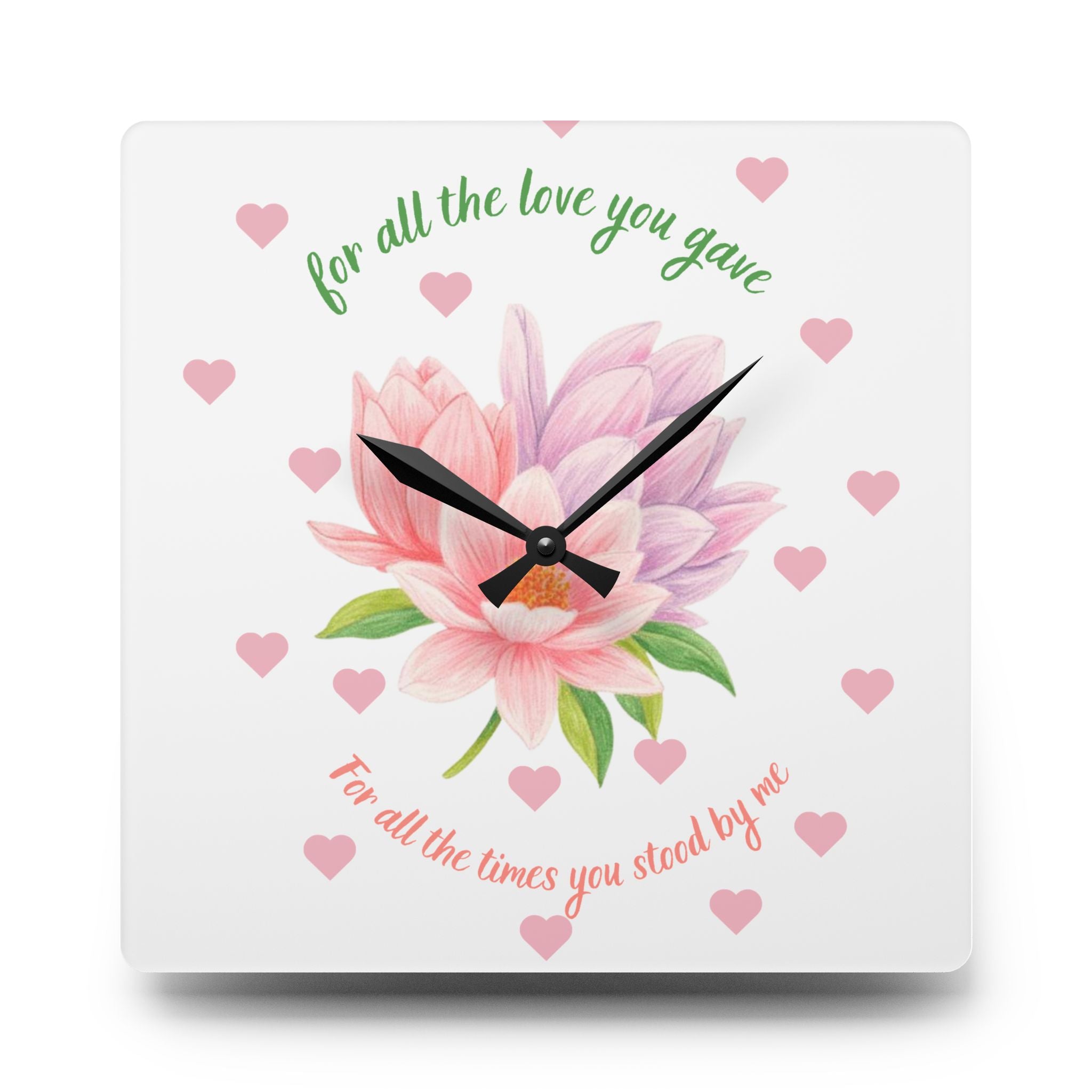 Acrylic Wall Clock — 'For All the Love You Gave' Floral Tribute Clock (Pink Magnolia, Heart Accent)