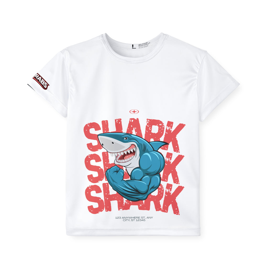 Kids Shark Sports Jersey — Muscular Shark Graphic Athletic Tee