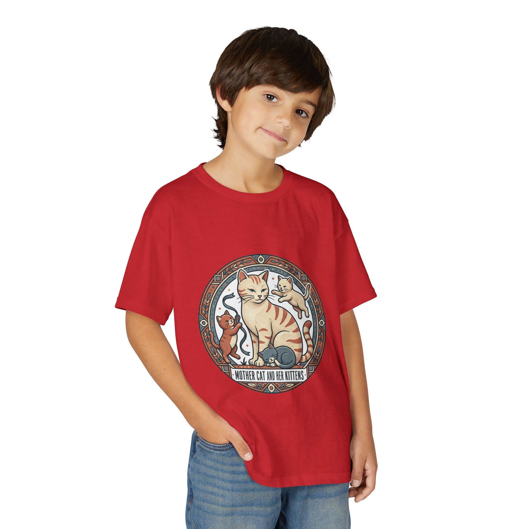 Kids' Cat Mom & Kittens Youth T-Shirt — Cute Mother Cat Illustration