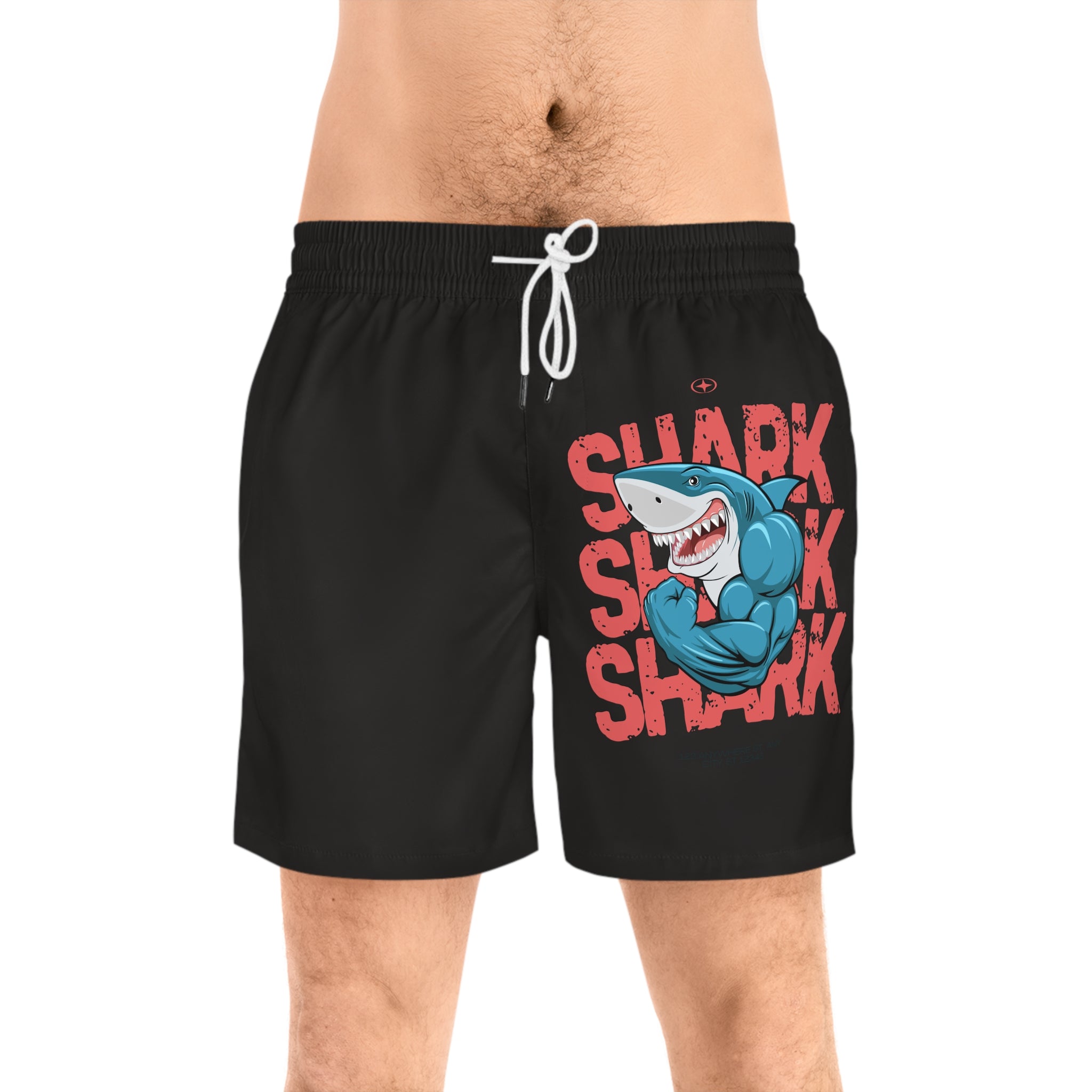 Shark Muscle Graphic Swim Shorts — Men's Mid-Length Beach Trunks