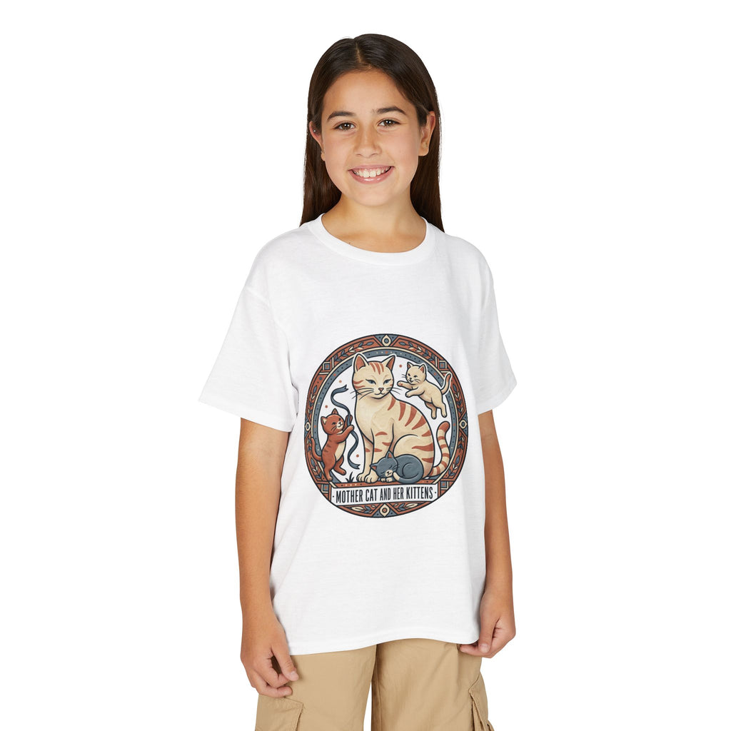 Kids' Cat Mom & Kittens Youth T-Shirt — Cute Mother Cat Illustration