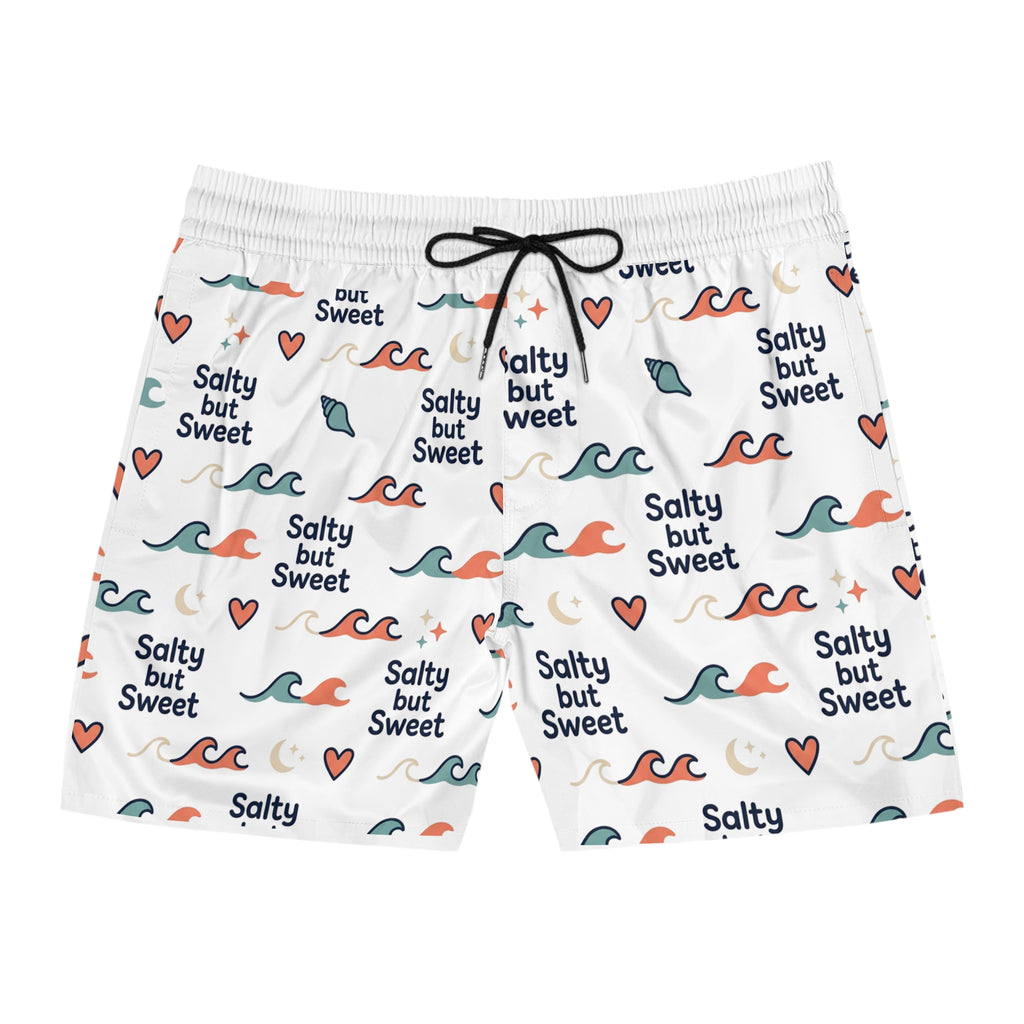 Salty But Sweet Swim Shorts — Men's Beach Trunks with Wave & Heart Print