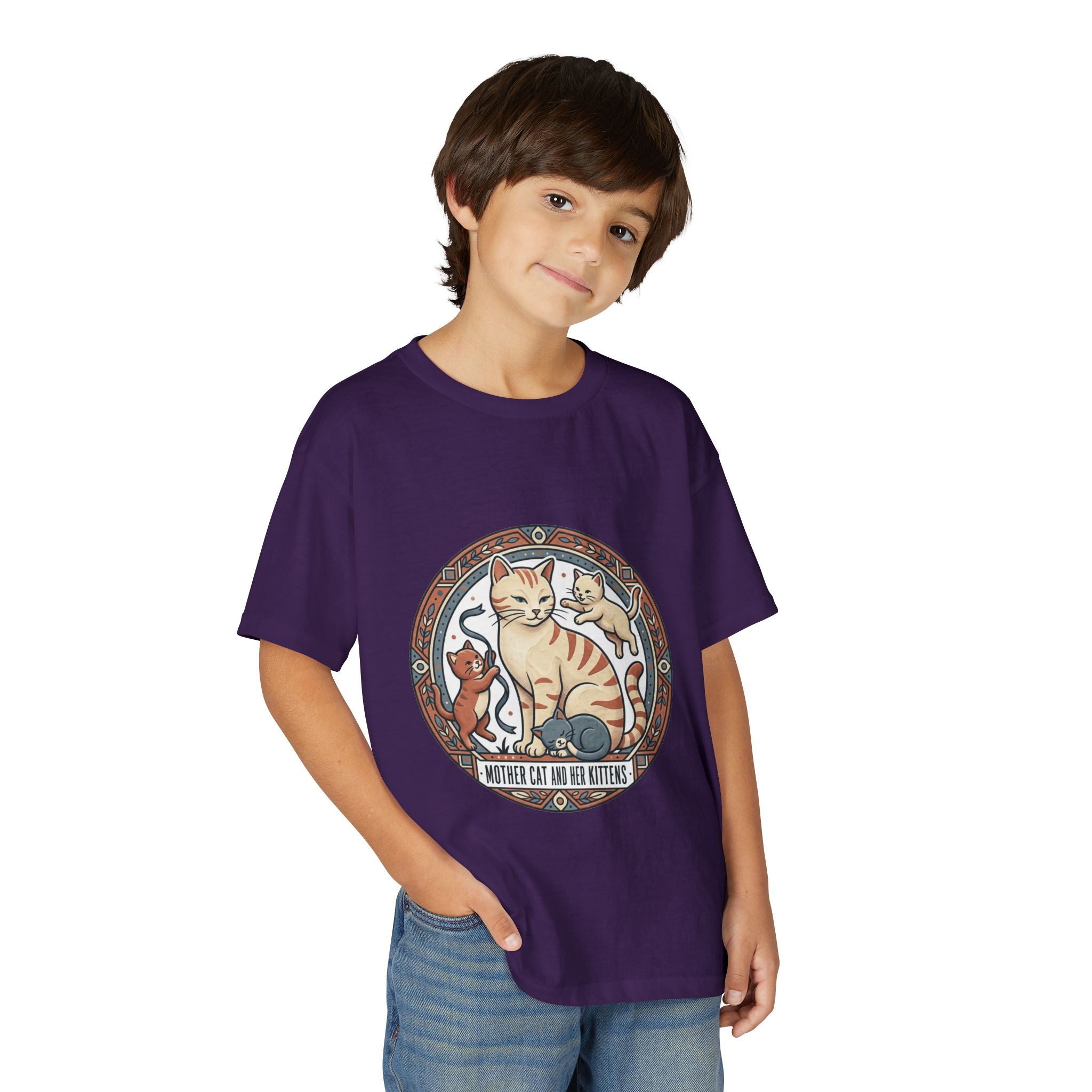 Kids' Cat Mom & Kittens Youth T-Shirt — Cute Mother Cat Illustration