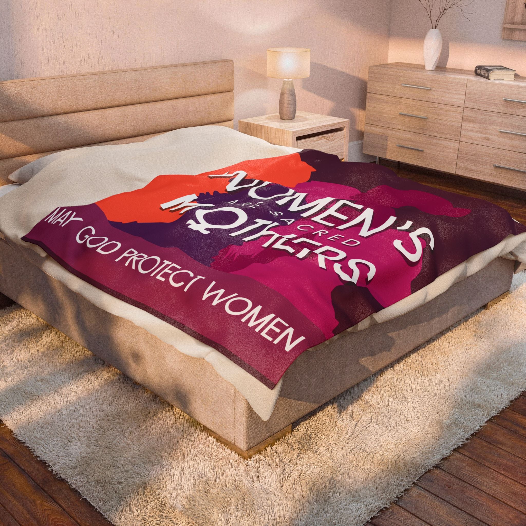 Velveteen Plush Blanket — "Women’s Are Sacred Mothers" Inspirational Feminine Throw (May God Protect Women)