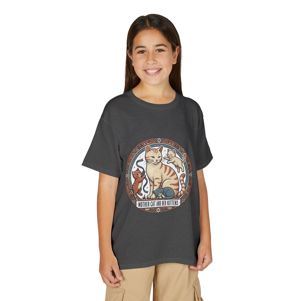 Kids' Cat Mom & Kittens Youth T-Shirt — Cute Mother Cat Illustration
