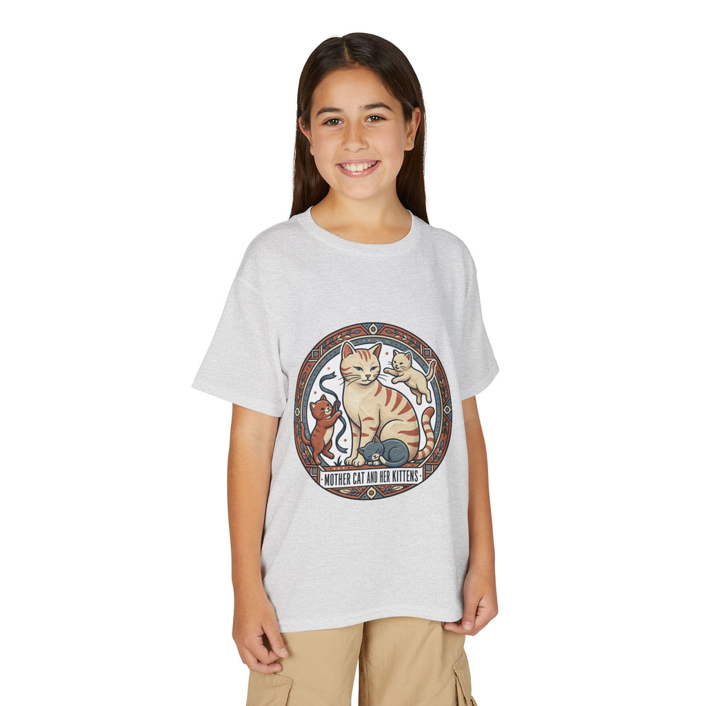 Kids' Cat Mom & Kittens Youth T-Shirt — Cute Mother Cat Illustration