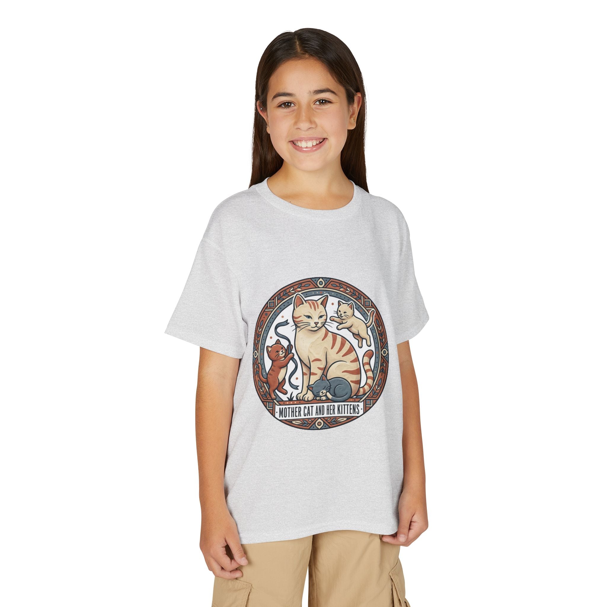 Kids' Cat Mom & Kittens Youth T-Shirt — Cute Mother Cat Illustration