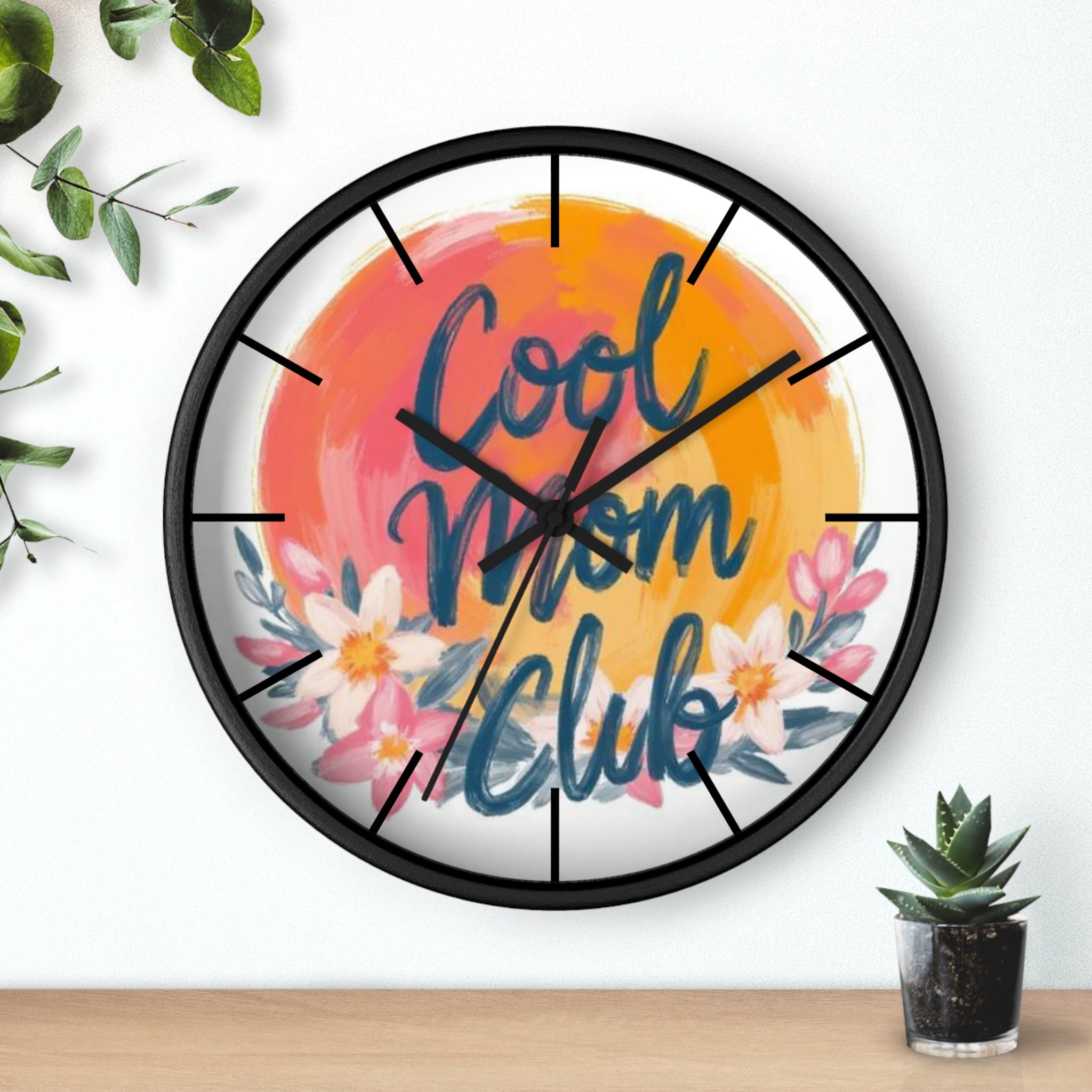 Cool Mom Club Wall Clock — Floral Sunburst Decorative Clock for Mother's Day & Home