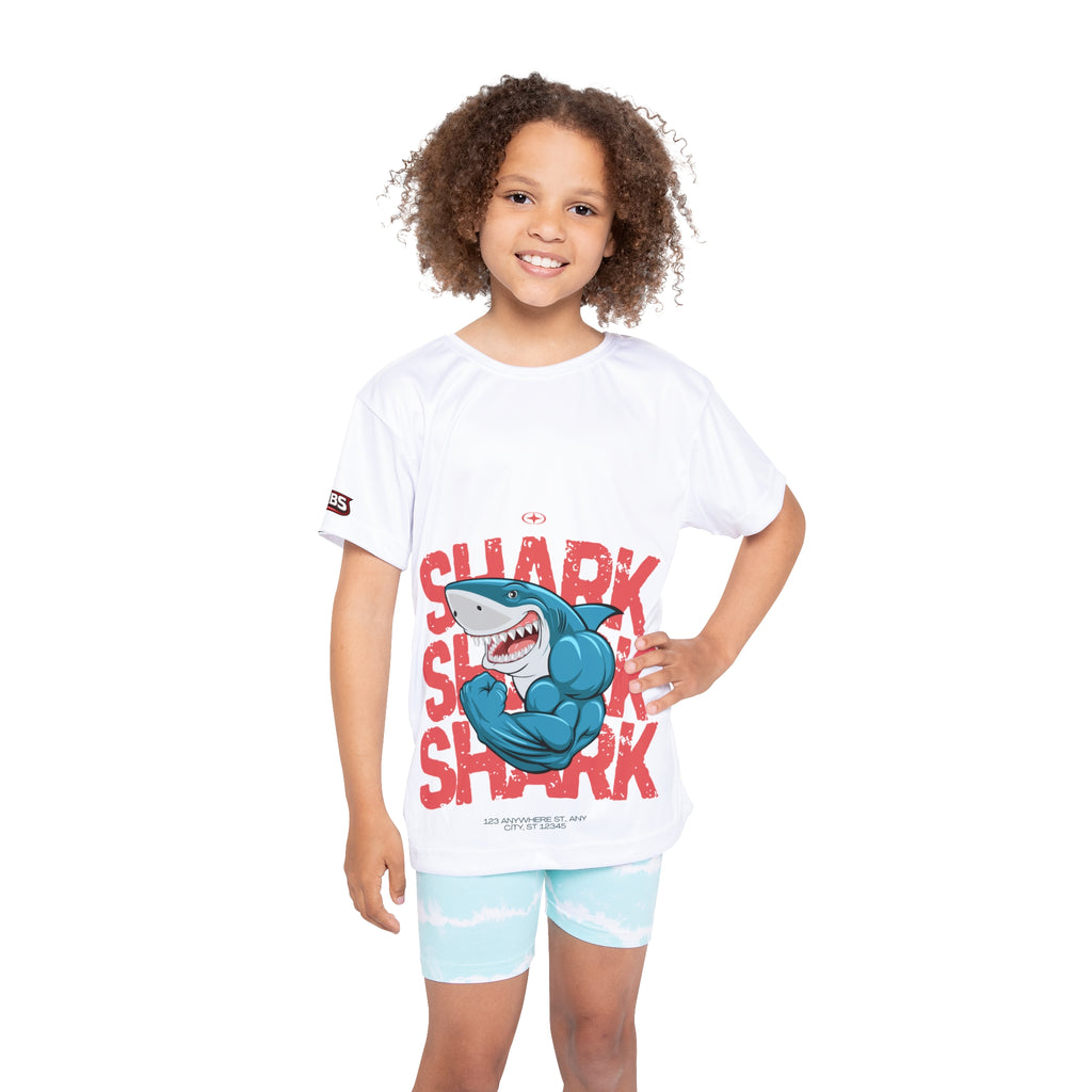 Kids Shark Sports Jersey — Muscular Shark Graphic Athletic Tee
