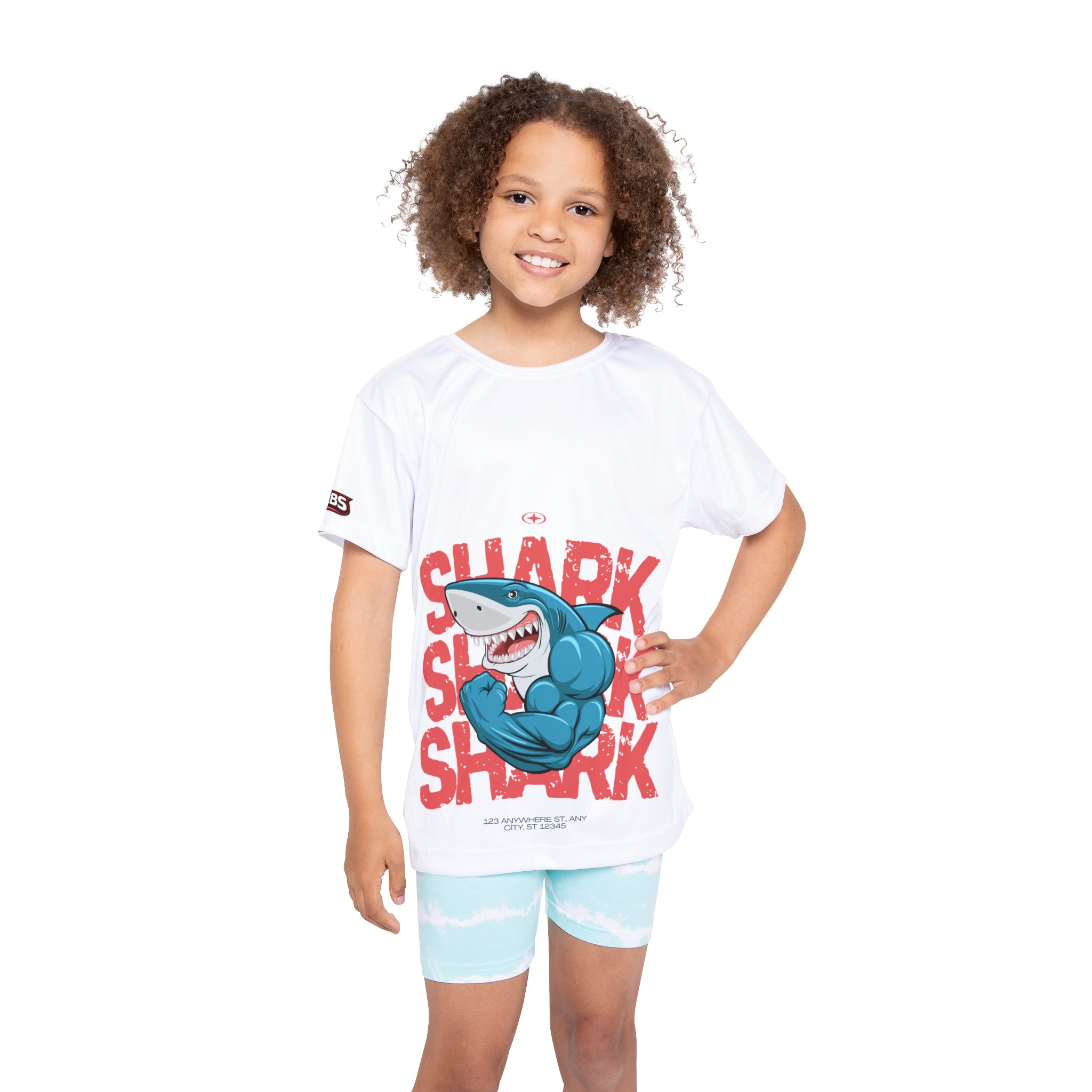 Kids Shark Sports Jersey — Muscular Shark Graphic Athletic Tee