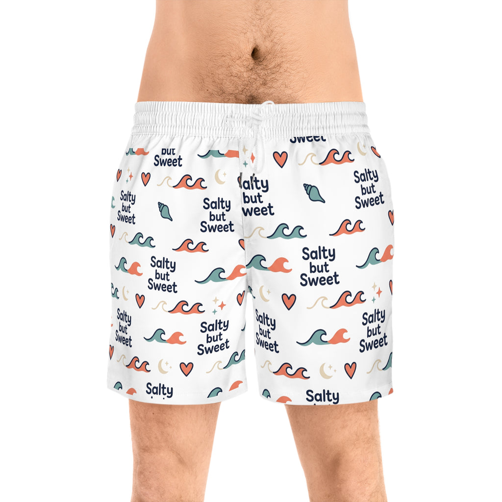 Salty But Sweet Swim Shorts — Men's Beach Trunks with Wave & Heart Print