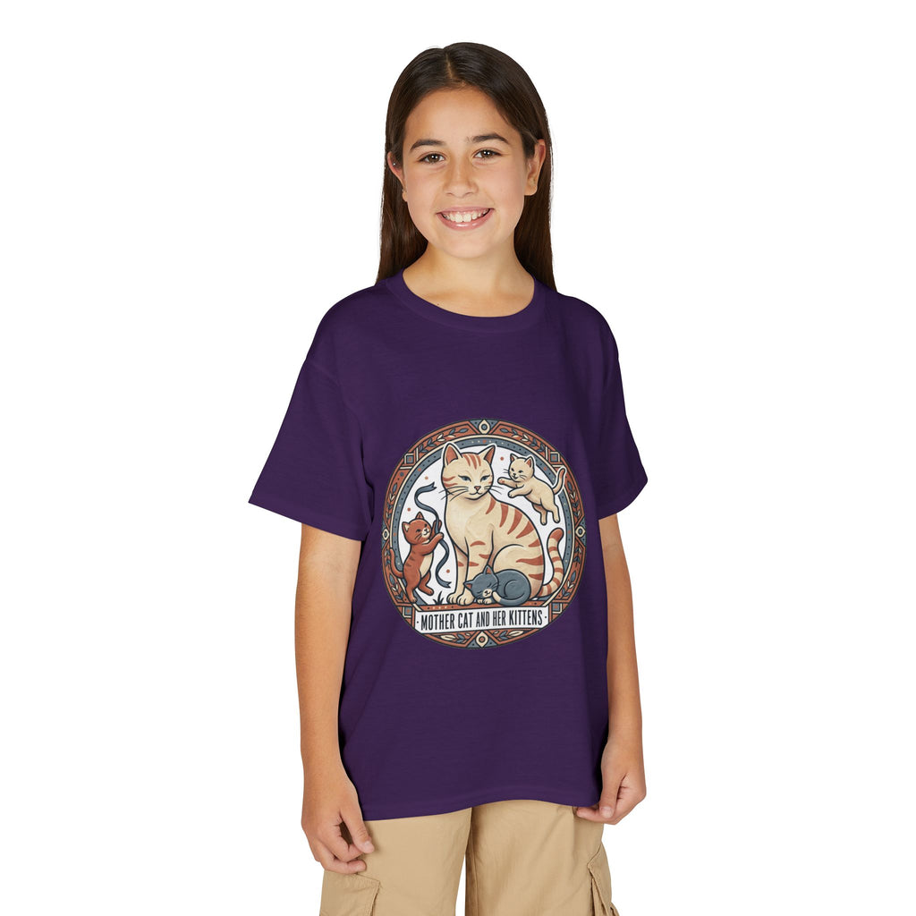 Kids' Cat Mom & Kittens Youth T-Shirt — Cute Mother Cat Illustration