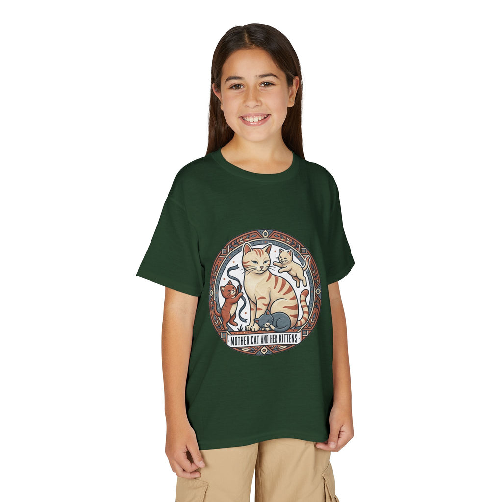 Kids' Cat Mom & Kittens Youth T-Shirt — Cute Mother Cat Illustration