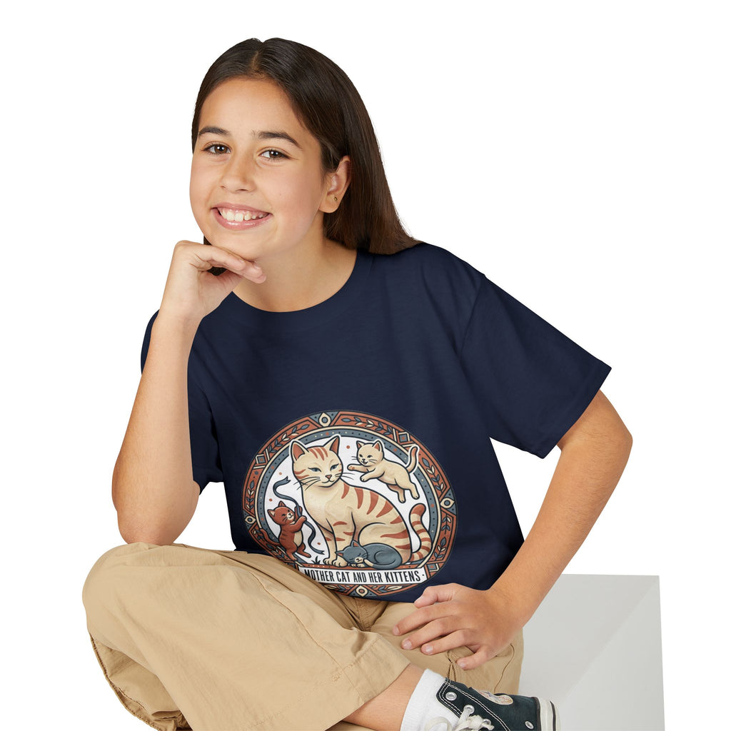 Kids' Cat Mom & Kittens Youth T-Shirt — Cute Mother Cat Illustration