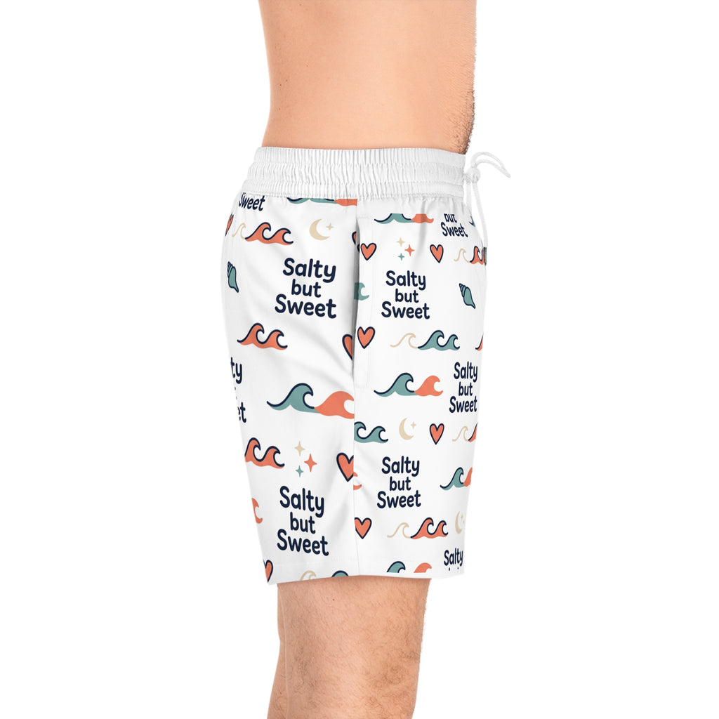 Salty But Sweet Swim Shorts — Men's Beach Trunks with Wave & Heart Print