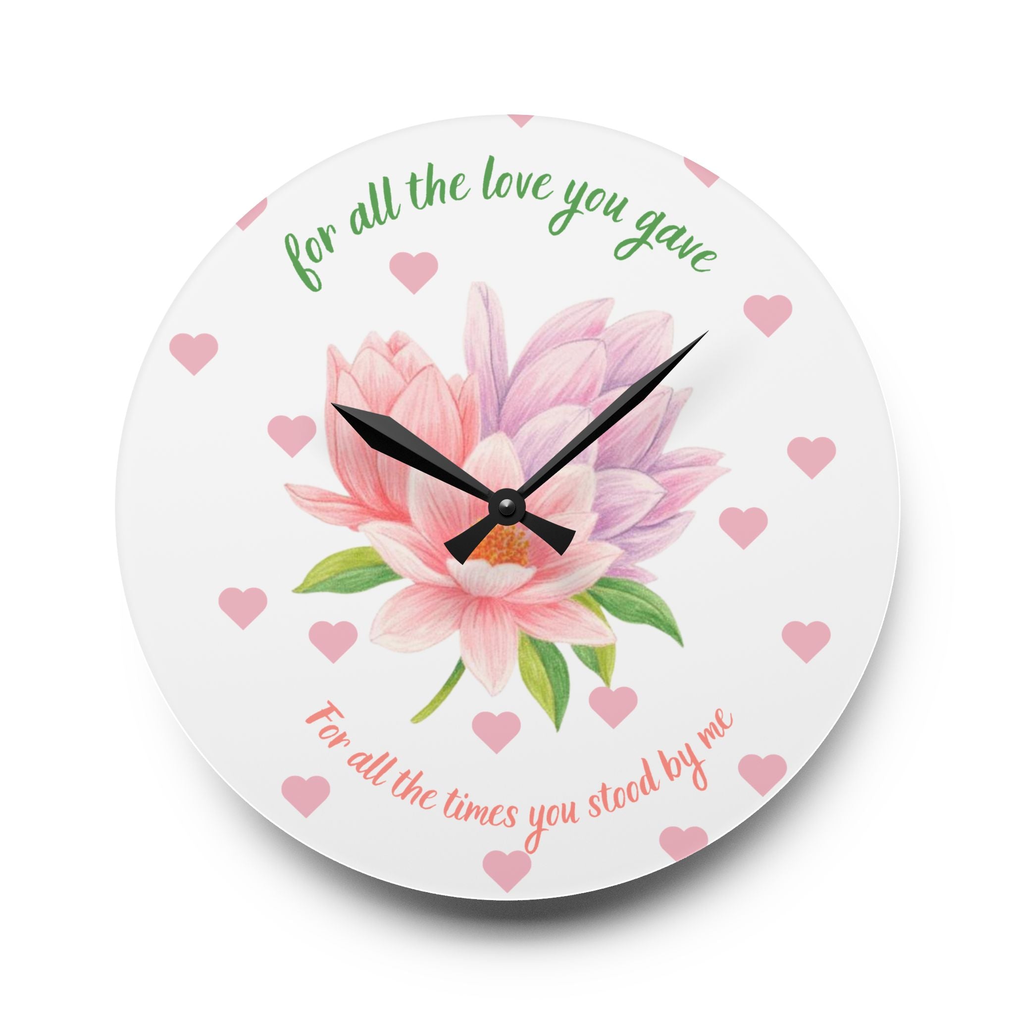 Acrylic Wall Clock — 'For All the Love You Gave' Floral Tribute Clock (Pink Magnolia, Heart Accent)