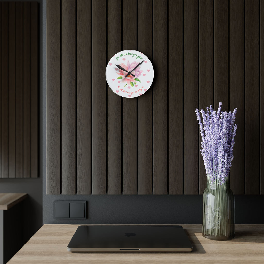 Acrylic Wall Clock — 'For All the Love You Gave' Floral Tribute Clock (Pink Magnolia, Heart Accent)