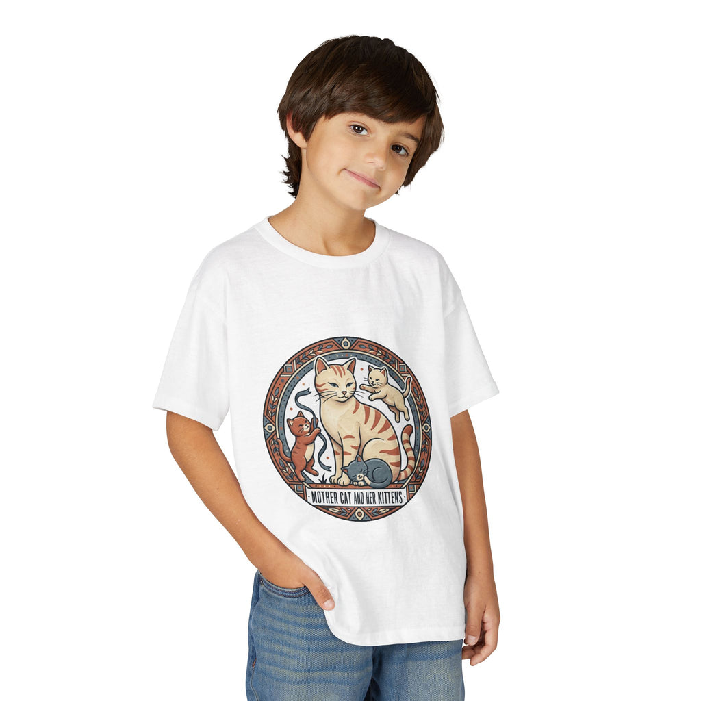 Kids' Cat Mom & Kittens Youth T-Shirt — Cute Mother Cat Illustration