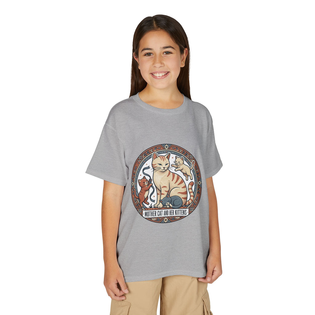 Kids' Cat Mom & Kittens Youth T-Shirt — Cute Mother Cat Illustration