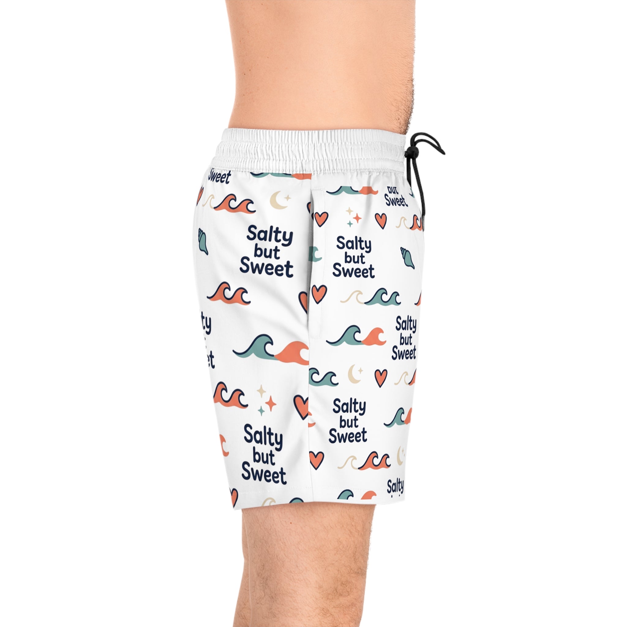 Salty But Sweet Swim Shorts — Men's Beach Trunks with Wave & Heart Print