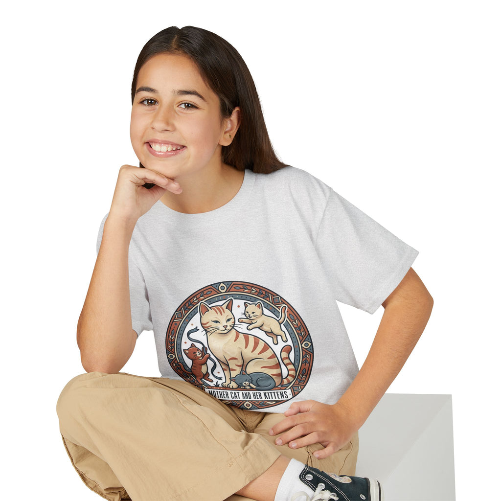 Kids' Cat Mom & Kittens Youth T-Shirt — Cute Mother Cat Illustration