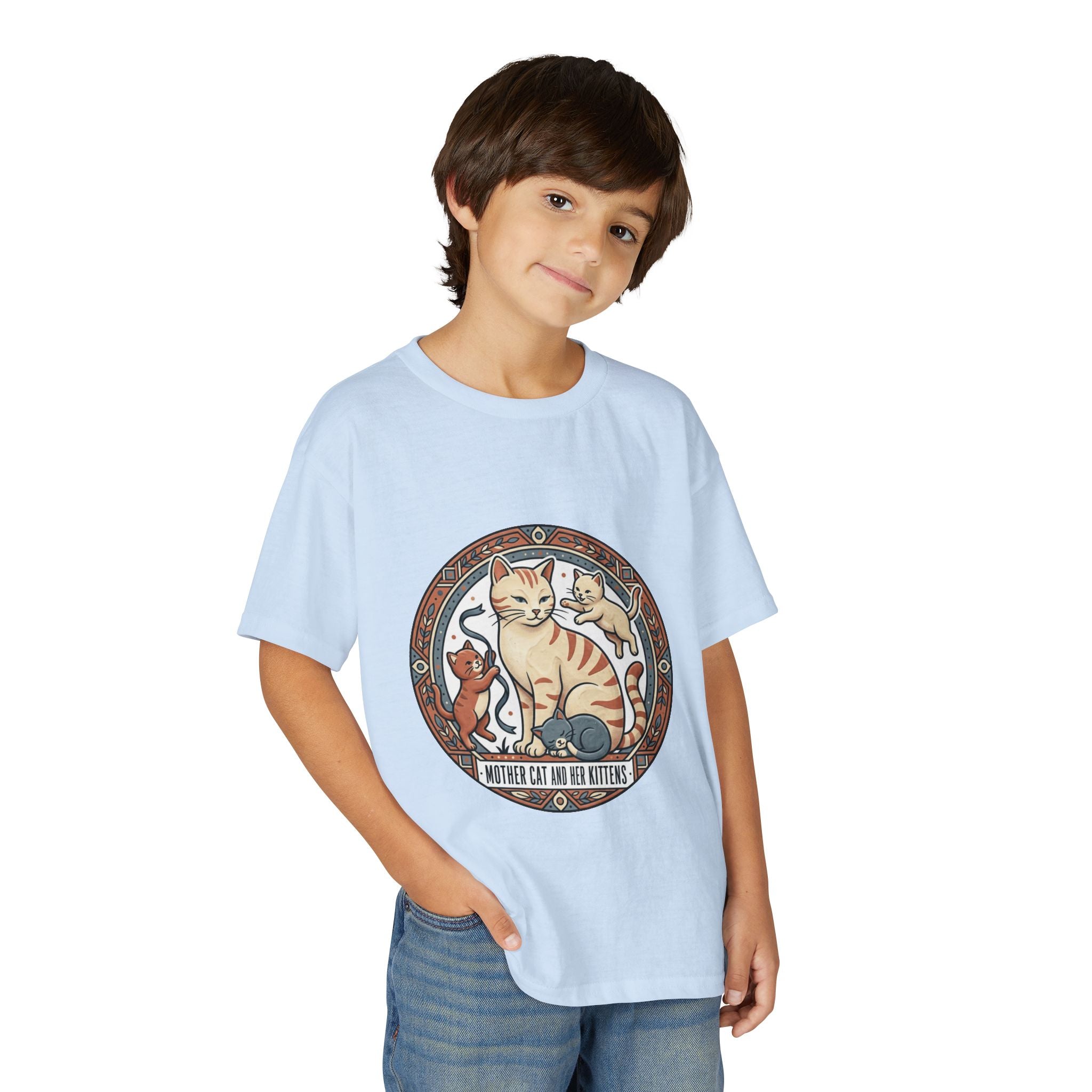 Kids' Cat Mom & Kittens Youth T-Shirt — Cute Mother Cat Illustration